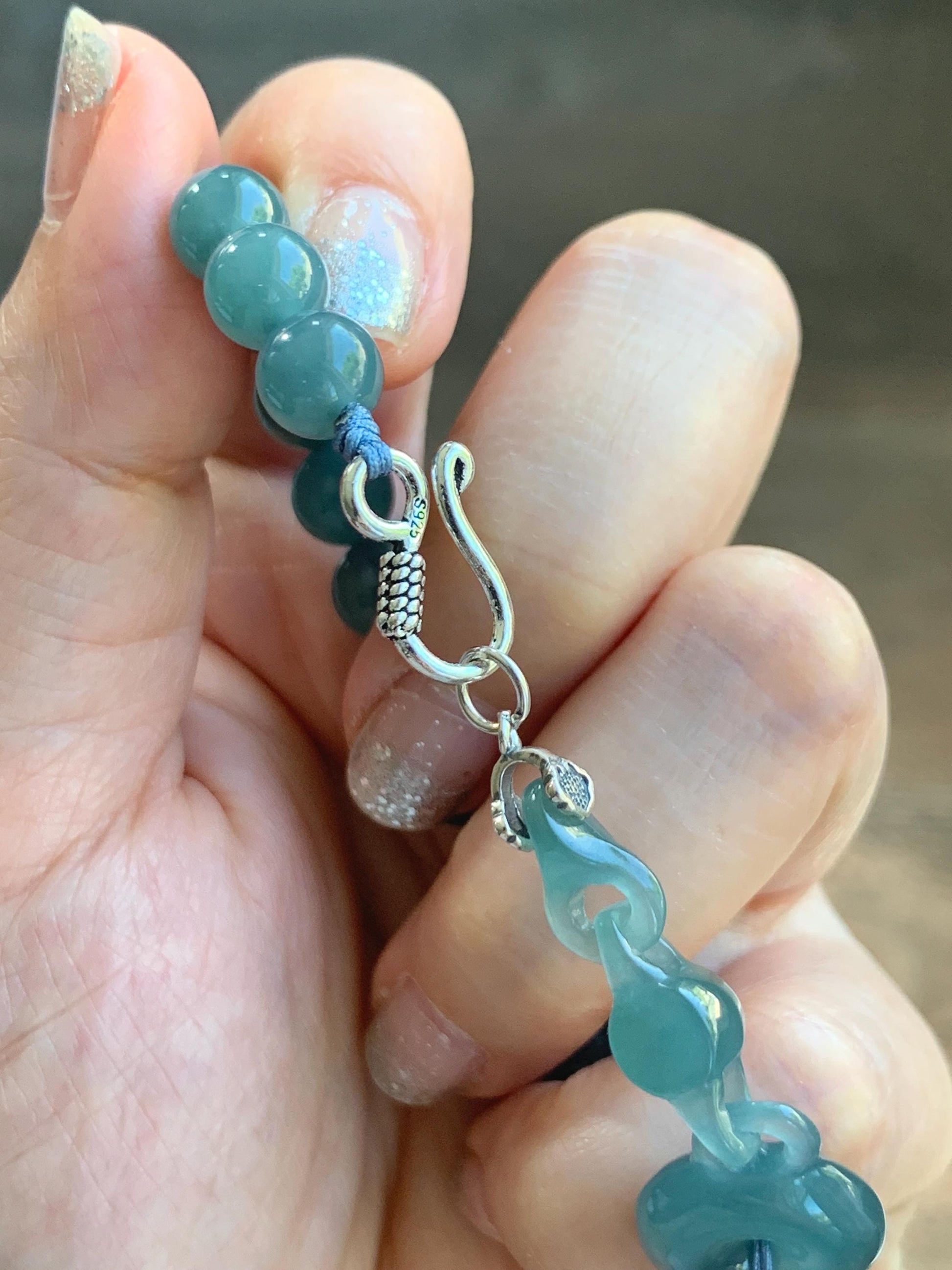 Natural Grade A Guatemalan Icy Teal Blue Jade Jadeite Interlocking Ping An Kou Donut Beaded Bracelet Sterling Silver 天然冰胶危蓝翡翠平安扣手链 WHH310