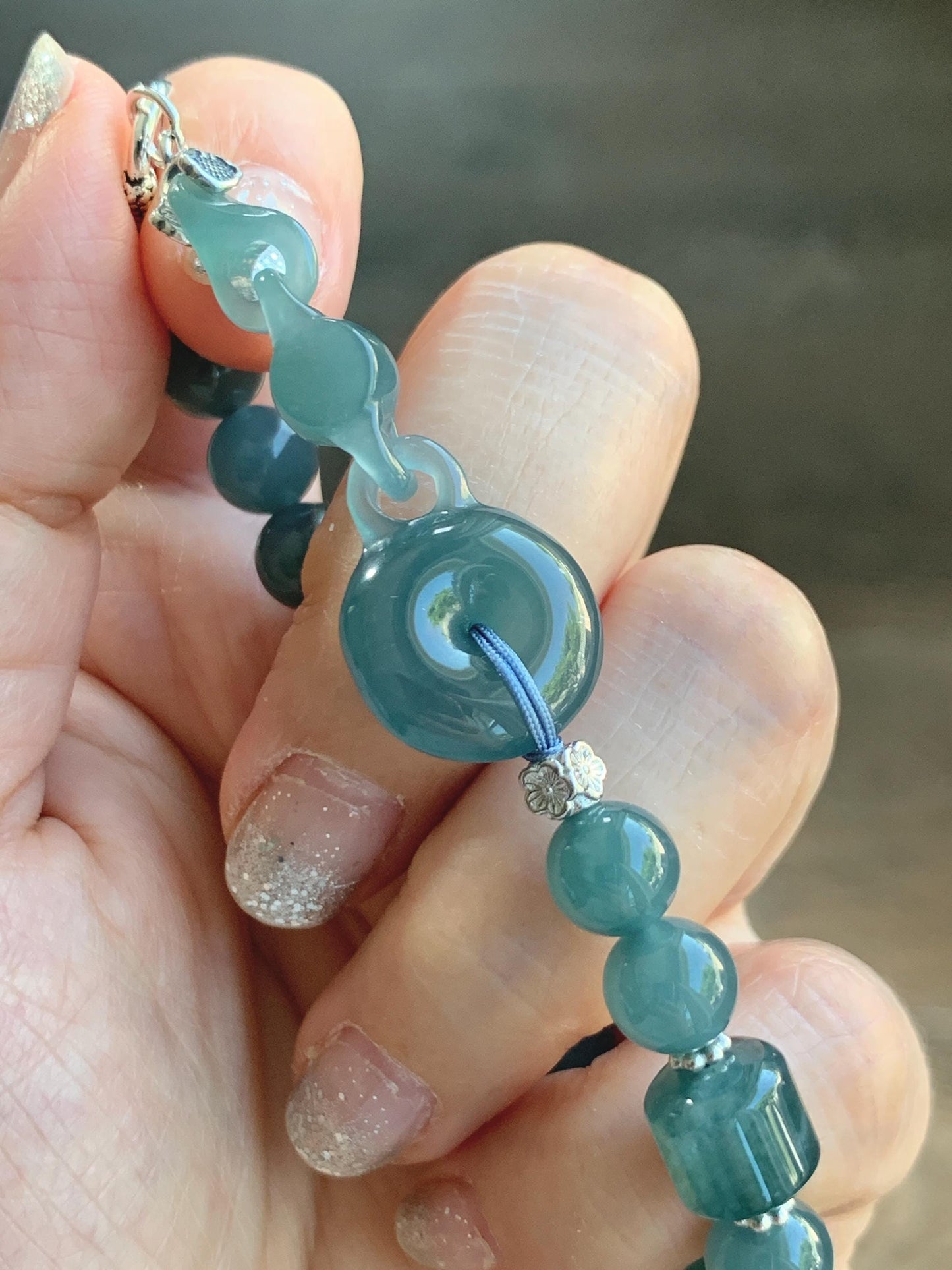 Natural Grade A Guatemalan Icy Teal Blue Jade Jadeite Interlocking Ping An Kou Donut Beaded Bracelet Sterling Silver 天然冰胶危蓝翡翠平安扣手链 WHH310