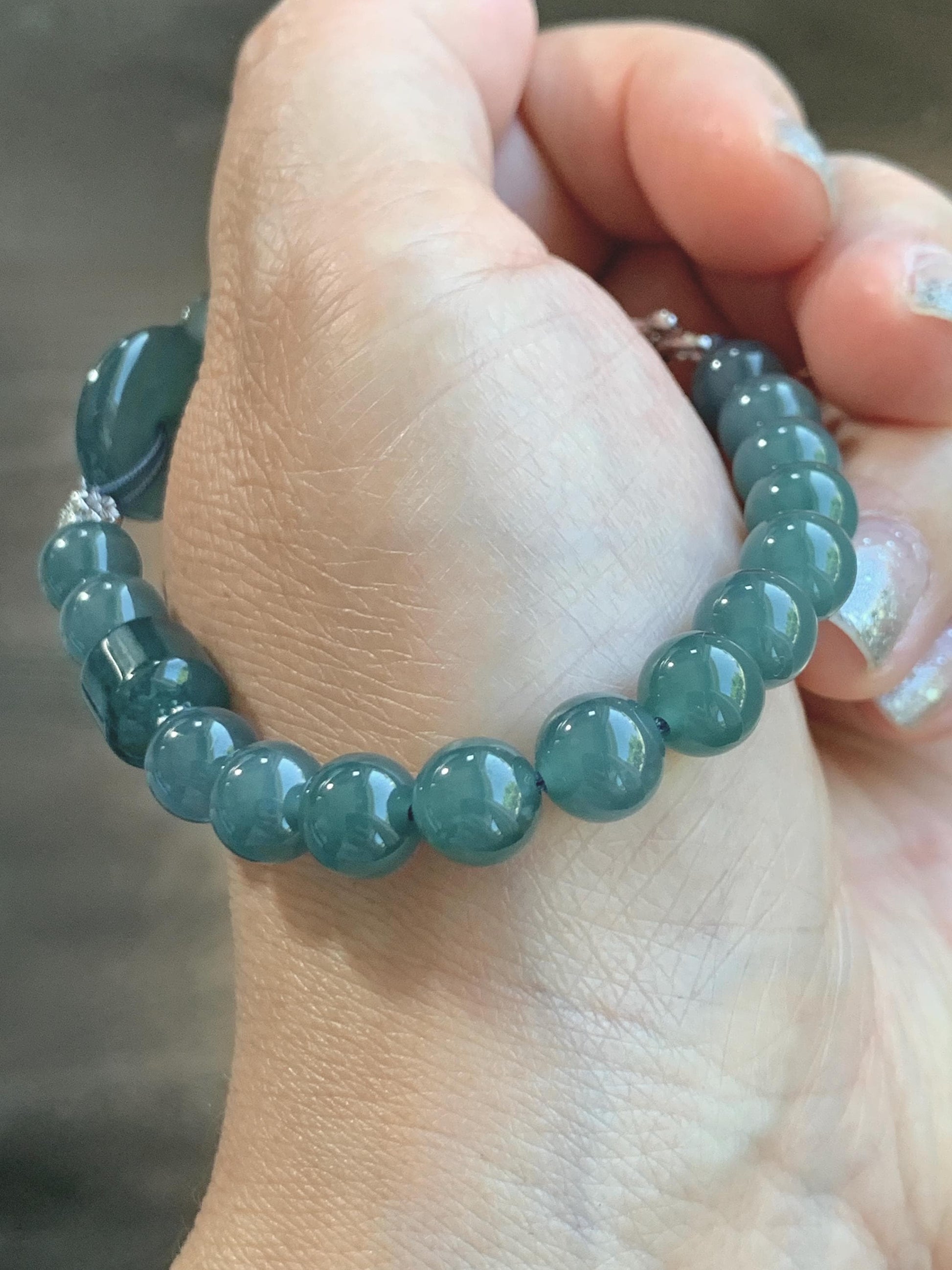 Natural Grade A Guatemalan Icy Teal Blue Jade Jadeite Interlocking Ping An Kou Donut Beaded Bracelet Sterling Silver 天然冰胶危蓝翡翠平安扣手链 WHH310