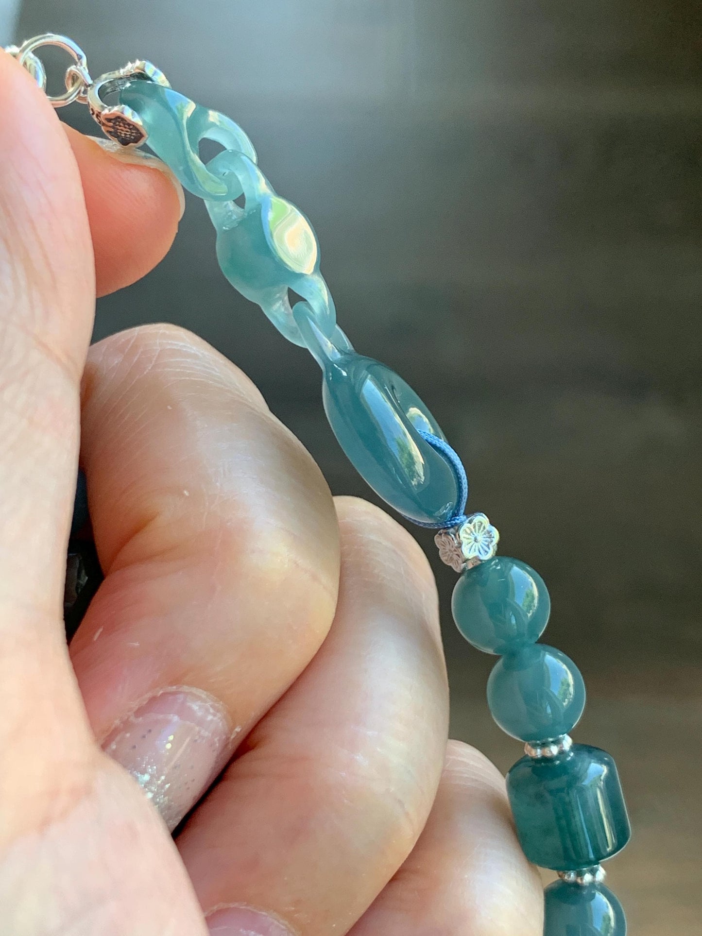 Natural Grade A Guatemalan Icy Teal Blue Jade Jadeite Interlocking Ping An Kou Donut Beaded Bracelet Sterling Silver 天然冰胶危蓝翡翠平安扣手链 WHH310