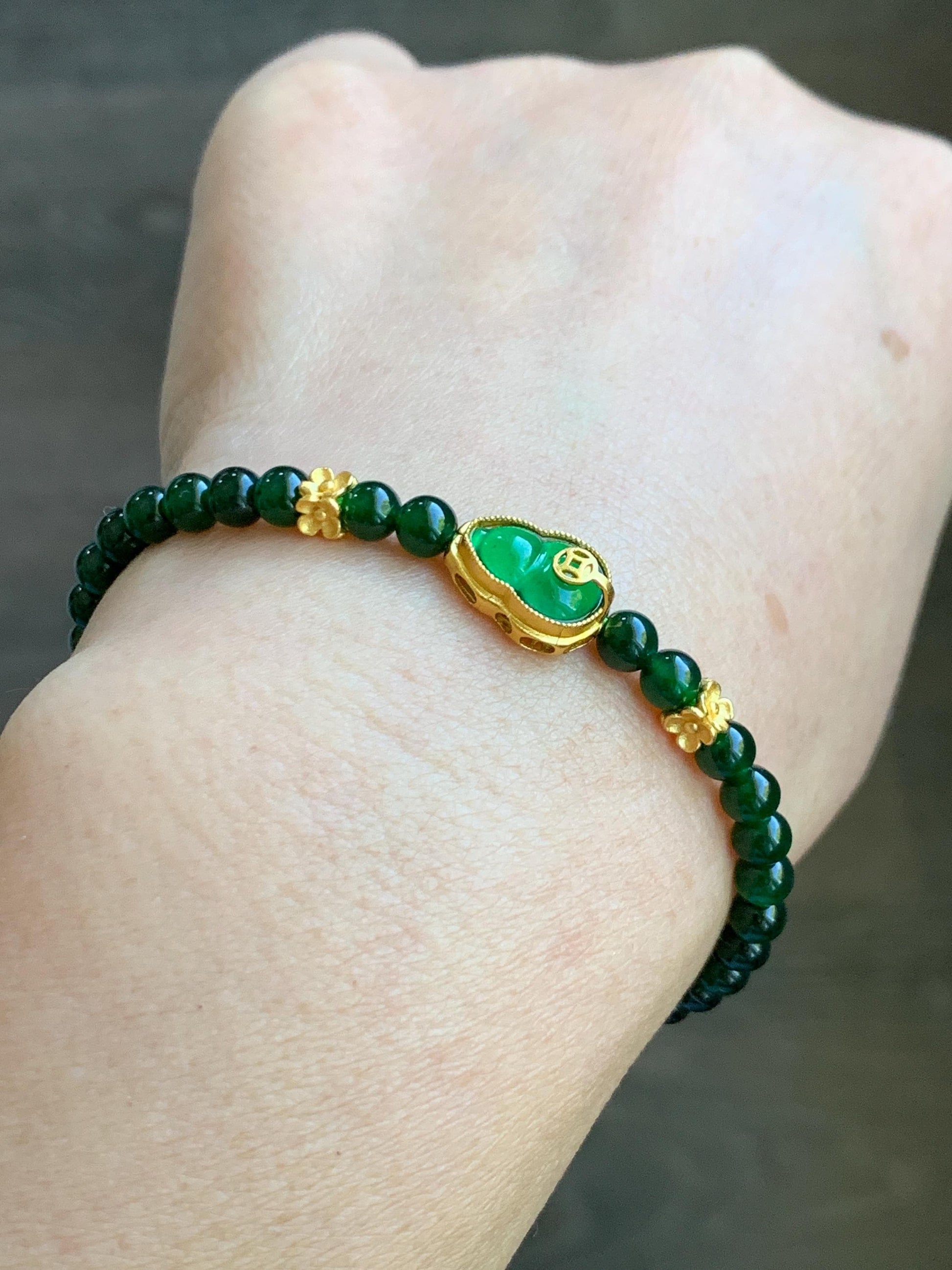 Natural Grade A Guatemalan Icy Translucent Dark Green Jade Jadeite Gourd Charm Petite Beads Beaded Bracelet 6.75” 天然冰危绿翡翠葫芦小圆珠手串 WLH391
