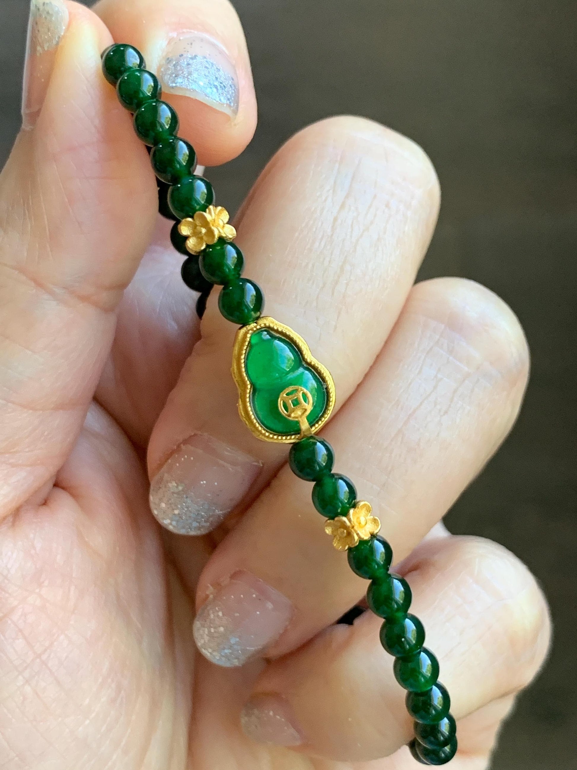 Natural Grade A Guatemalan Icy Translucent Dark Green Jade Jadeite Gourd Charm Petite Beads Beaded Bracelet 6.75” 天然冰危绿翡翠葫芦小圆珠手串 WLH391