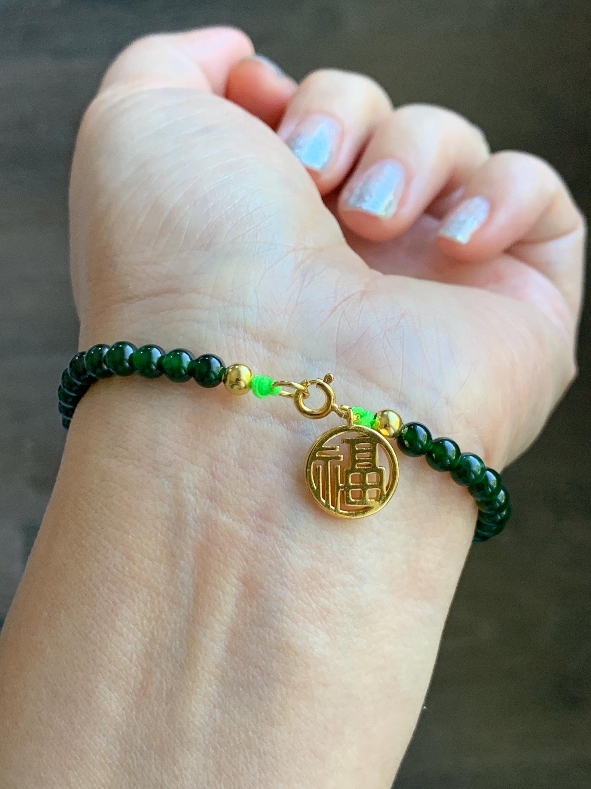 Natural Grade A Guatemalan Icy Translucent Dark Green Jade Jadeite Gourd Charm Petite Beads Beaded Bracelet 6.75” 天然冰危绿翡翠葫芦小圆珠手串 WLH391