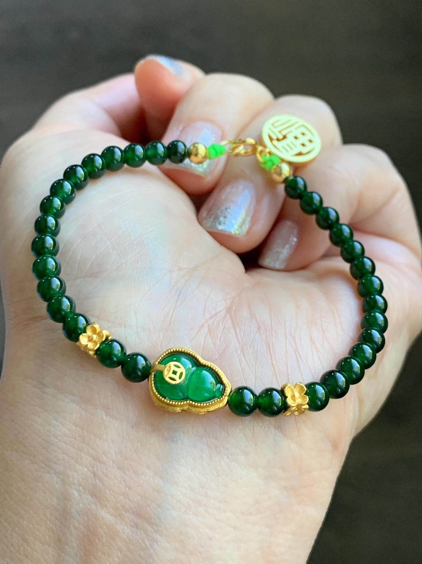 Natural Grade A Guatemalan Icy Translucent Dark Green Jade Jadeite Gourd Charm Petite Beads Beaded Bracelet 6.75” 天然冰危绿翡翠葫芦小圆珠手串 WLH391