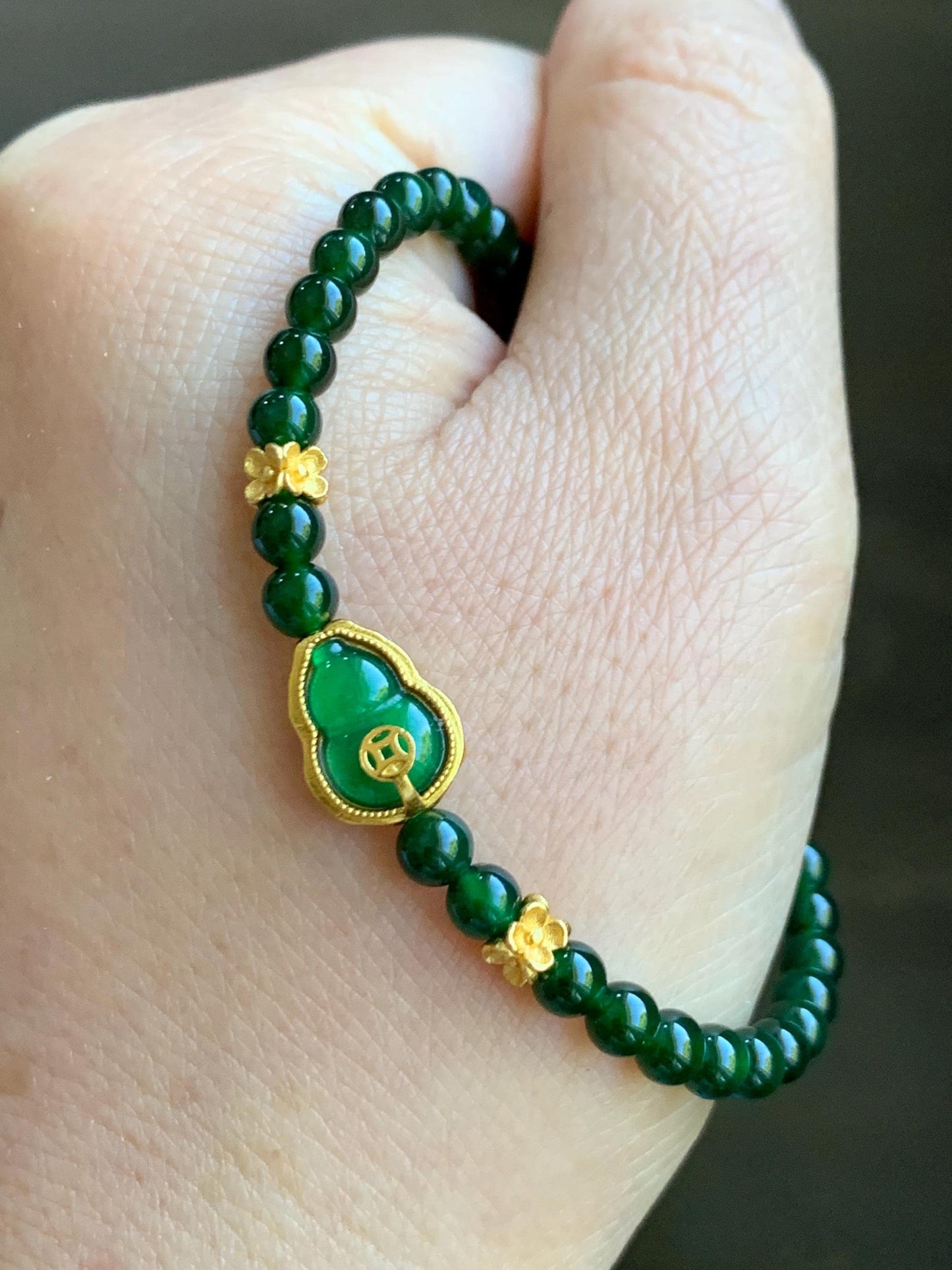 Natural Grade A Guatemalan Icy Translucent Dark Green Jade Jadeite Gourd Charm Petite Beads Beaded Bracelet 6.75” 天然冰危绿翡翠葫芦小圆珠手串 WLH391