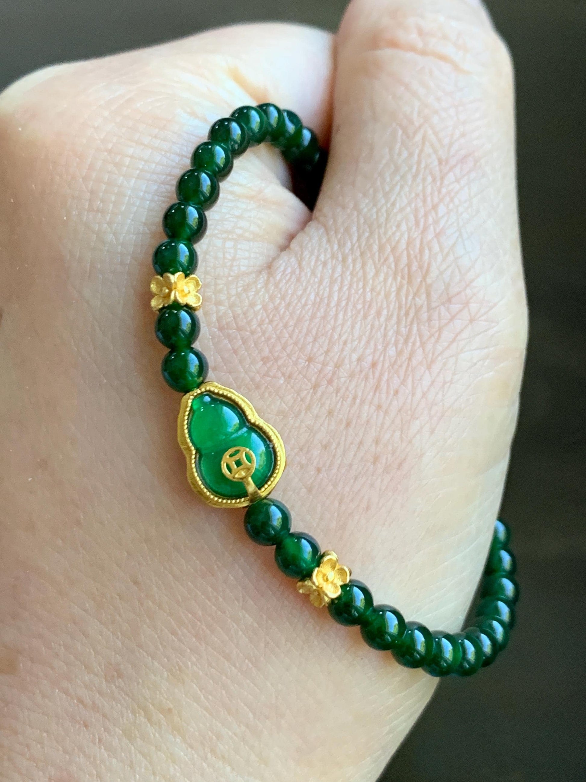 Natural Grade A Guatemalan Icy Translucent Dark Green Jade Jadeite Gourd Charm Petite Beads Beaded Bracelet 6.75” 天然冰危绿翡翠葫芦小圆珠手串 WLH391