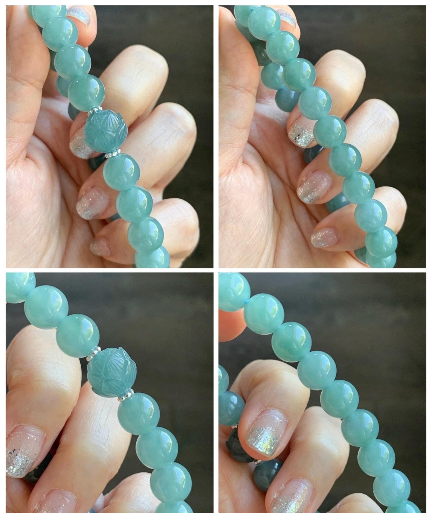 Natural Grade A Guatemalan Icy Translucent Teal Jade Jadeite Lotus Flower Bead Beaded Bracelet 7.75” Sterling Silver 天然冰危蓝翡翠莲花珠手串WVH290