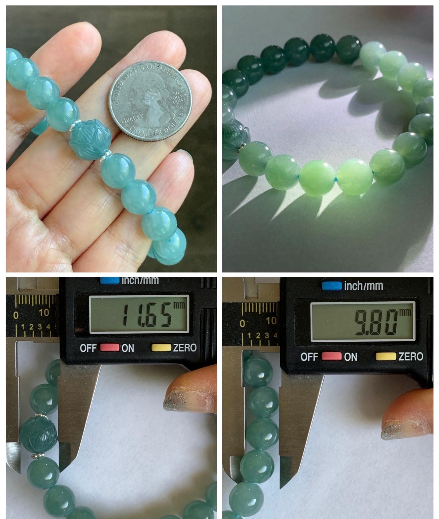 Natural Grade A Guatemalan Icy Translucent Teal Jade Jadeite Lotus Flower Bead Beaded Bracelet 7.75” Sterling Silver 天然冰危蓝翡翠莲花珠手串WVH290
