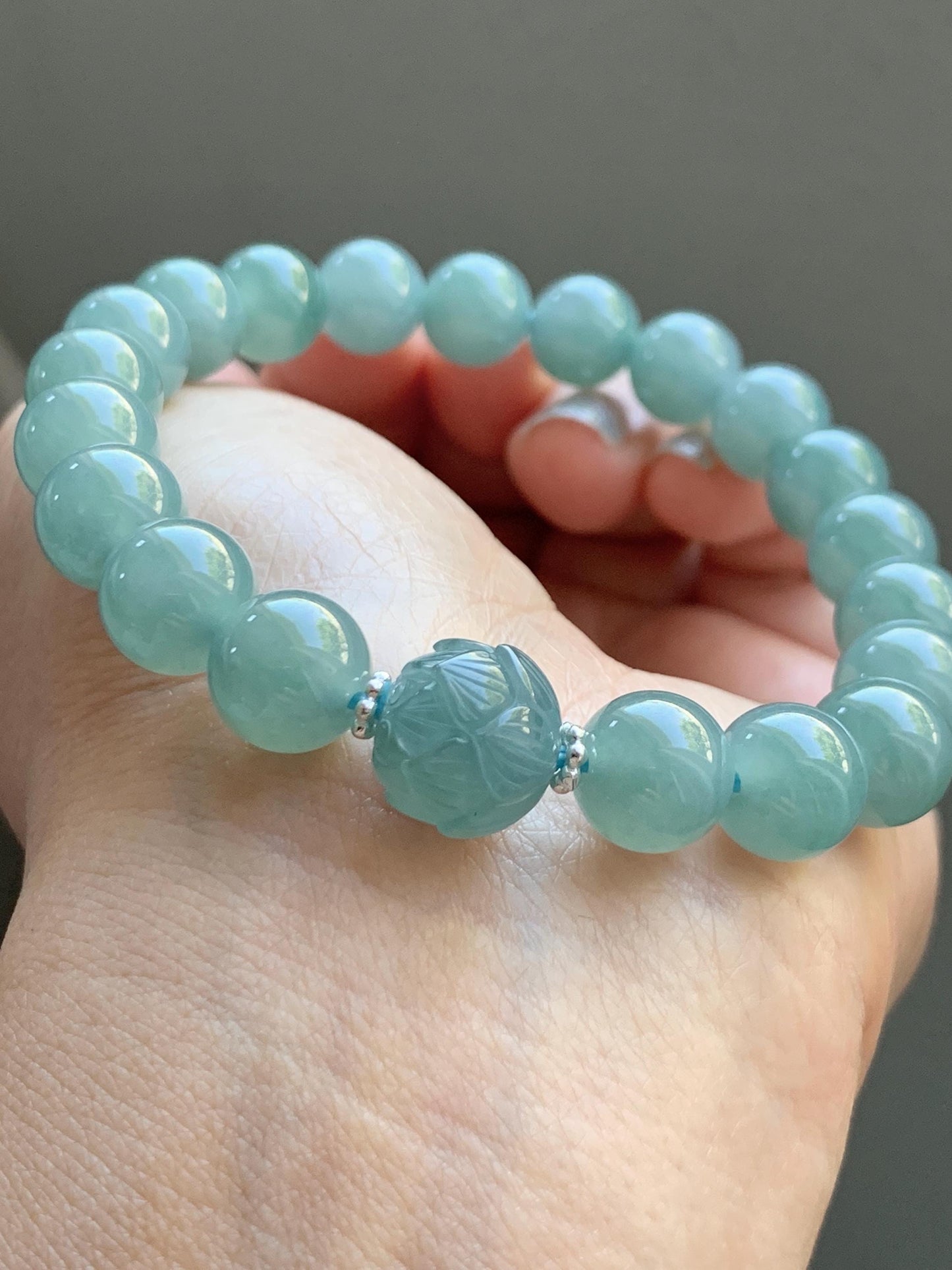 Natural Grade A Guatemalan Icy Translucent Teal Jade Jadeite Lotus Flower Bead Beaded Bracelet 7.75” Sterling Silver 天然冰危蓝翡翠莲花珠手串WVH290