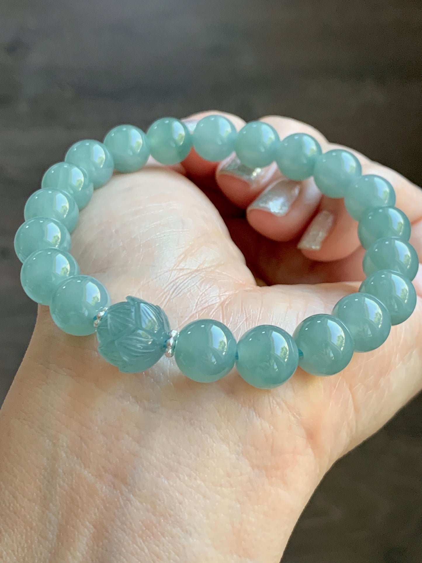 Natural Grade A Guatemalan Icy Translucent Teal Jade Jadeite Lotus Flower Bead Beaded Bracelet 7.75” Sterling Silver 天然冰危蓝翡翠莲花珠手串WVH290