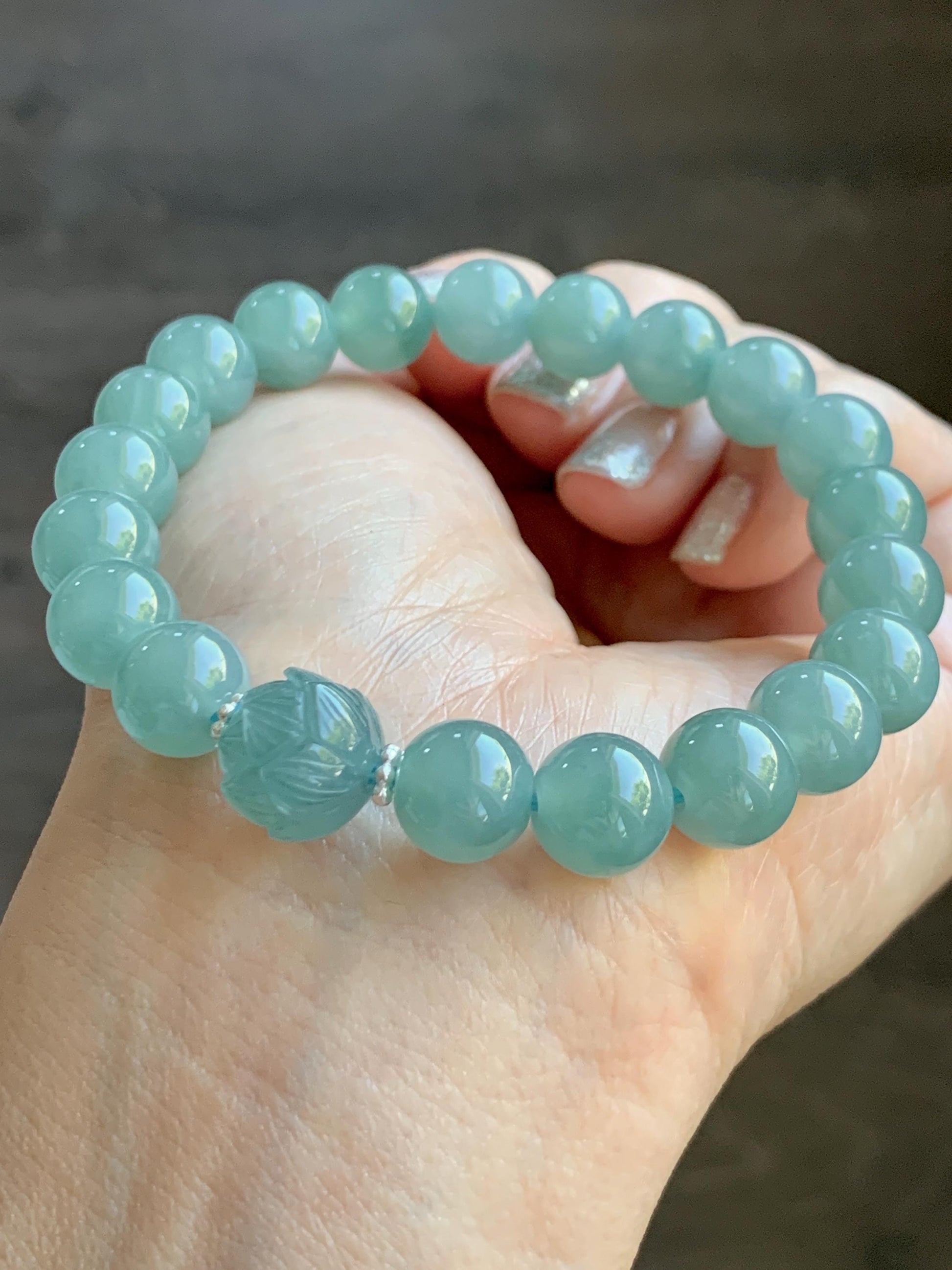 Natural Grade A Guatemalan Icy Translucent Teal Jade Jadeite Lotus Flower Bead Beaded Bracelet 7.75” Sterling Silver 天然冰危蓝翡翠莲花珠手串WVH290