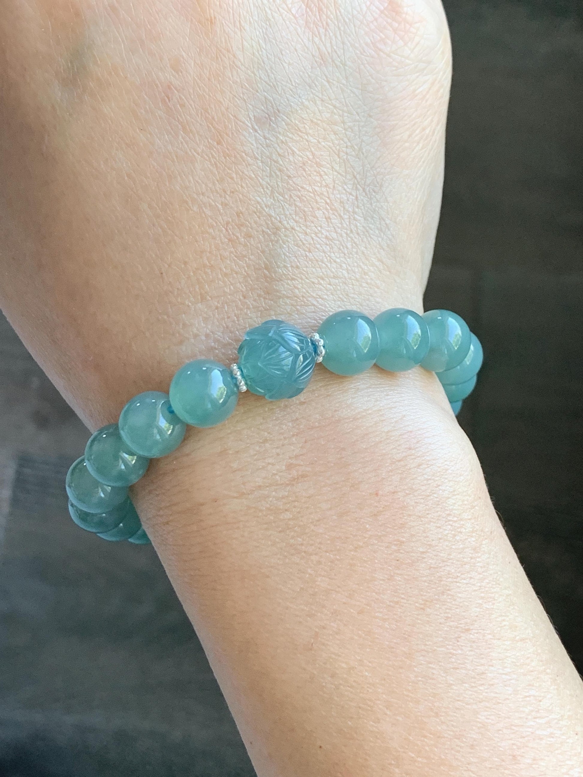 Natural Grade A Guatemalan Icy Translucent Teal Jade Jadeite Lotus Flower Bead Beaded Bracelet 7.75” Sterling Silver 天然冰危蓝翡翠莲花珠手串WVH290