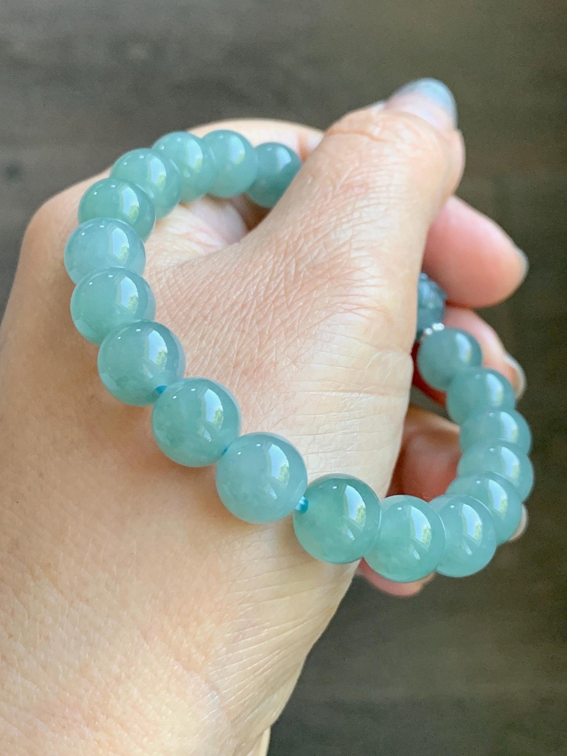 Natural Grade A Guatemalan Icy Translucent Teal Jade Jadeite Lotus Flower Bead Beaded Bracelet 7.75” Sterling Silver 天然冰危蓝翡翠莲花珠手串WVH290