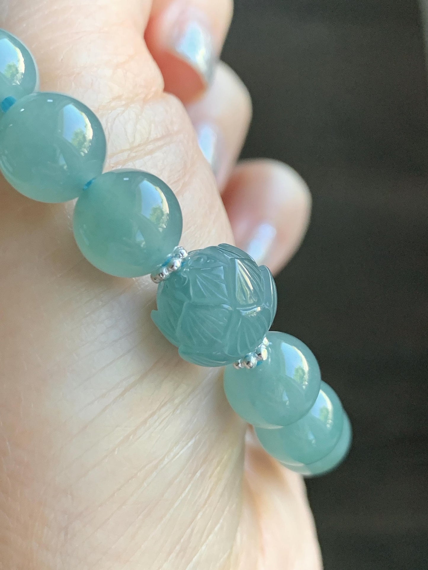 Natural Grade A Guatemalan Icy Translucent Teal Jade Jadeite Lotus Flower Bead Beaded Bracelet 7.75” Sterling Silver 天然冰危蓝翡翠莲花珠手串WVH290