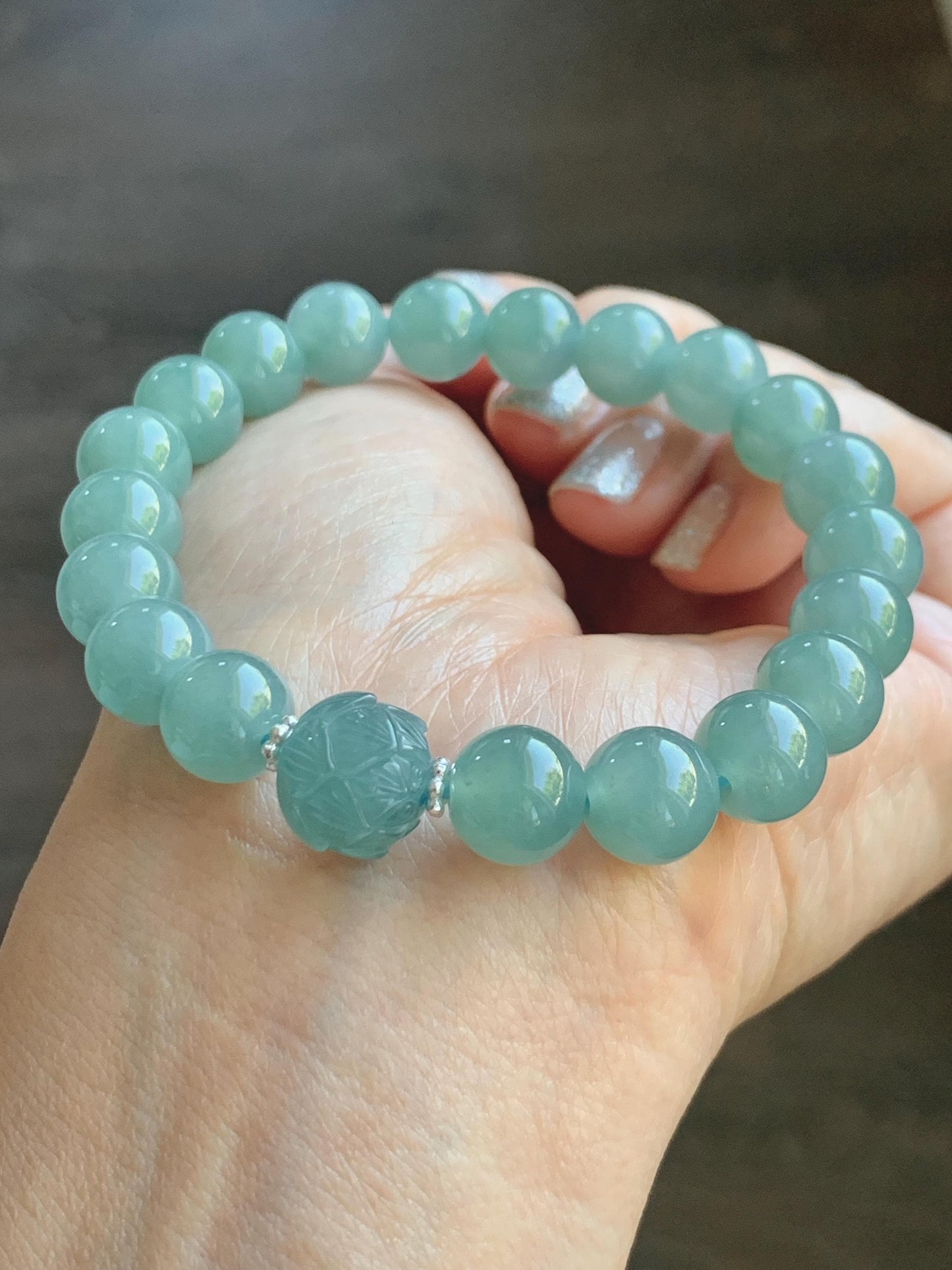 Natural Grade A Guatemalan Icy Translucent Teal Jade Jadeite Lotus Flower Bead Beaded Bracelet 7.75” Sterling Silver 天然冰危蓝翡翠莲花珠手串WVH290