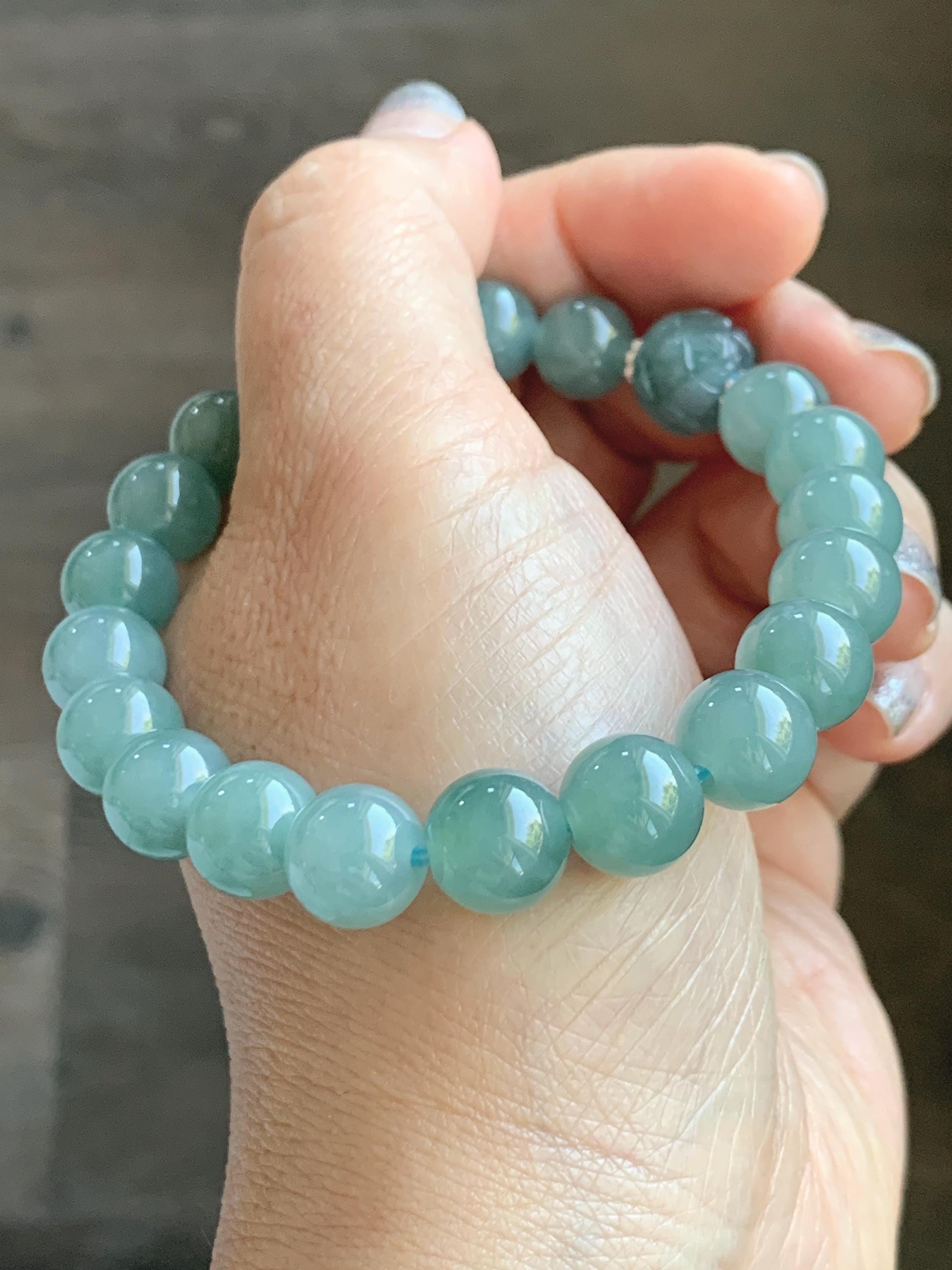 Natural Grade A Guatemalan Icy Translucent Teal Jade Jadeite Lotus Flower Bead Beaded Bracelet 7.75” Sterling Silver 天然冰危蓝翡翠莲花珠手串WVH290