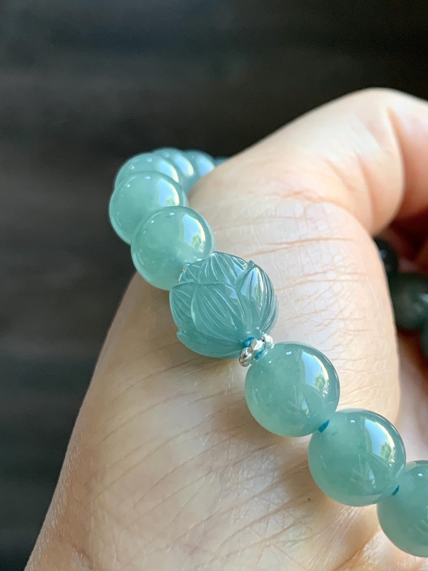 Natural Grade A Guatemalan Icy Translucent Teal Jade Jadeite Lotus Flower Bead Beaded Bracelet 7.75” Sterling Silver 天然冰危蓝翡翠莲花珠手串WVH290