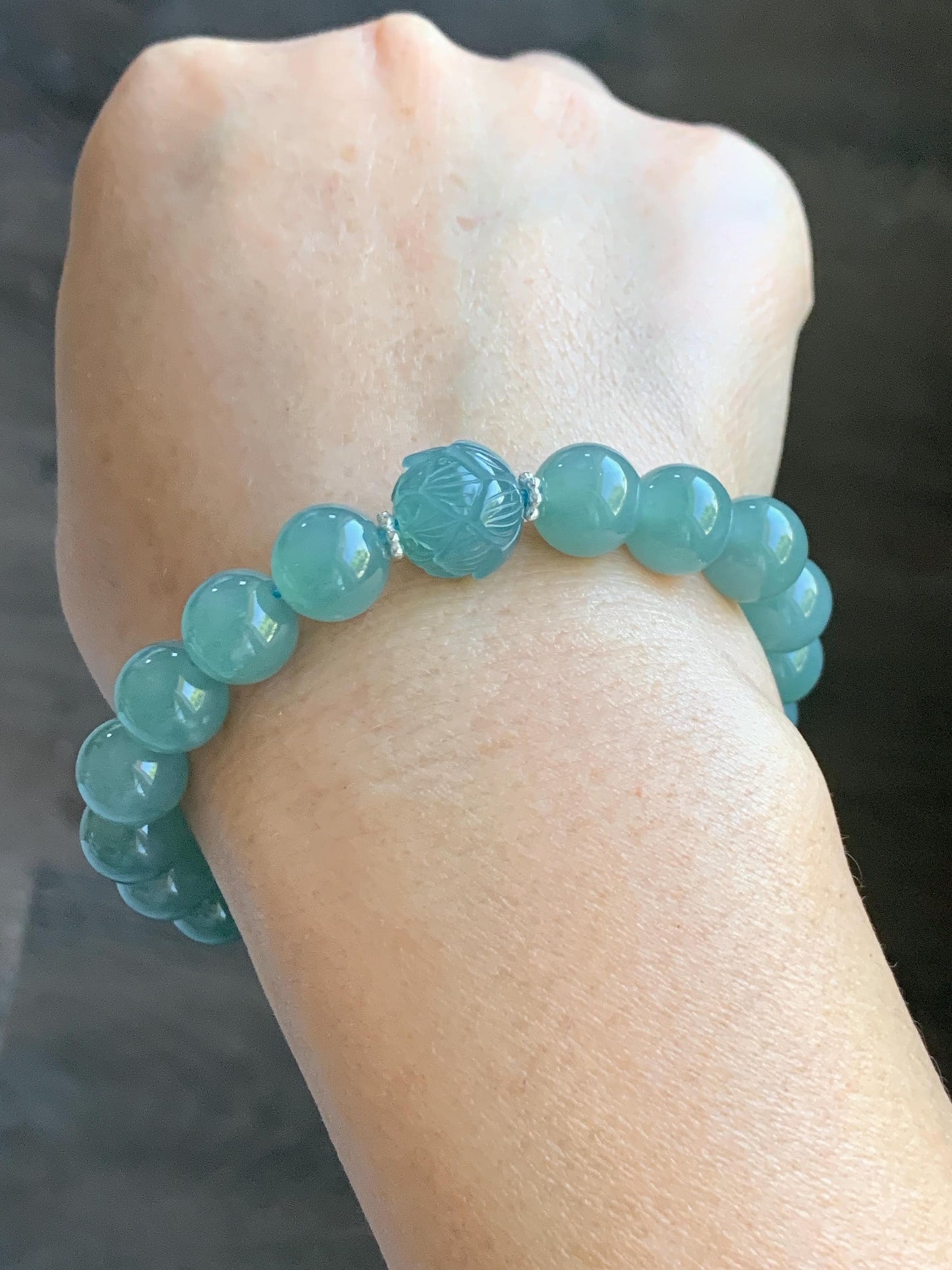 Natural Grade A Guatemalan Icy Translucent Teal Jade Jadeite Lotus Flower Bead Beaded Bracelet 7.75” Sterling Silver 天然冰危蓝翡翠莲花珠手串WVH290