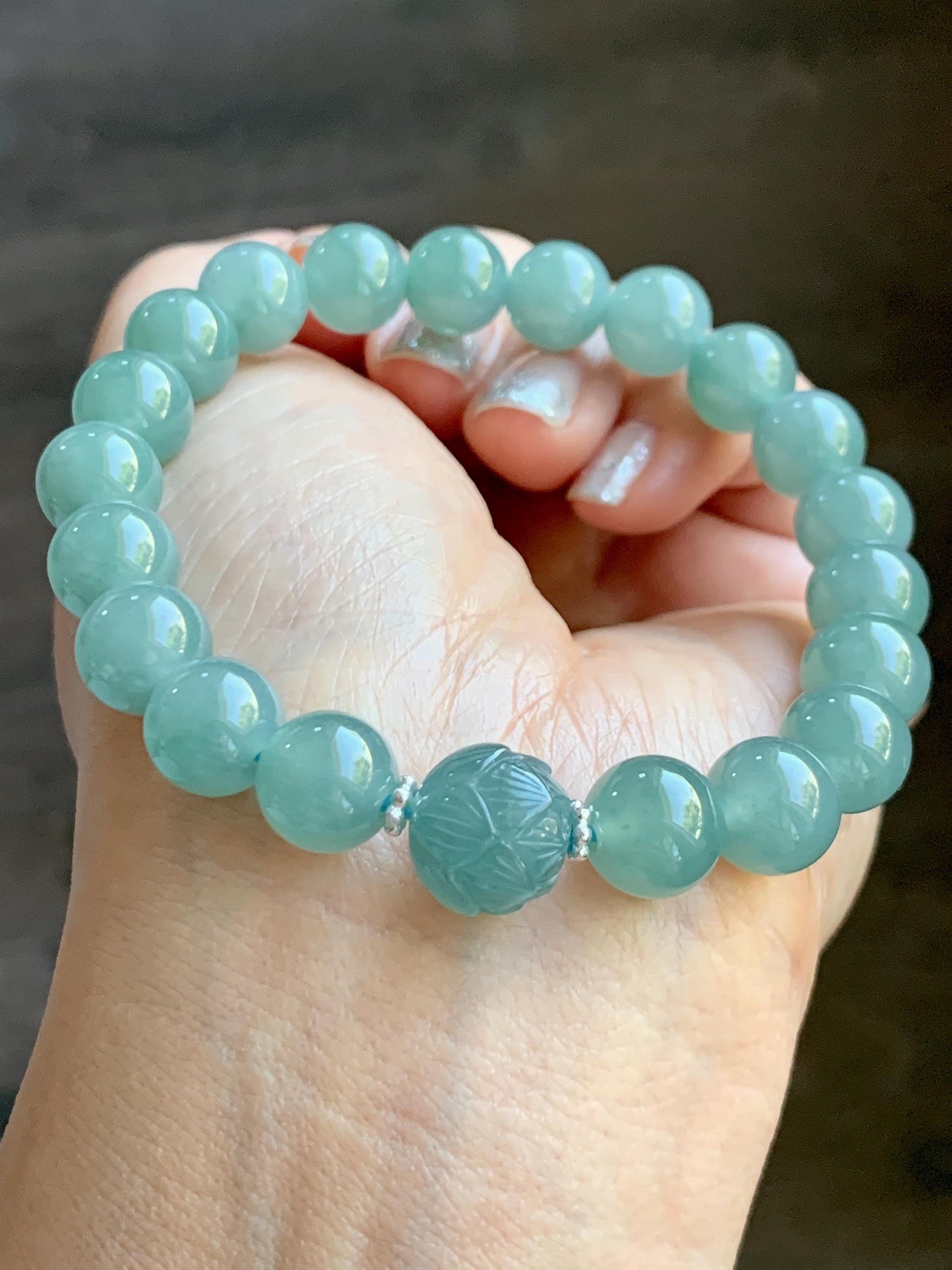 Natural Grade A Guatemalan Icy Translucent Teal Jade Jadeite Lotus Flower Bead Beaded Bracelet 7.75” Sterling Silver 天然冰危蓝翡翠莲花珠手串WVH290