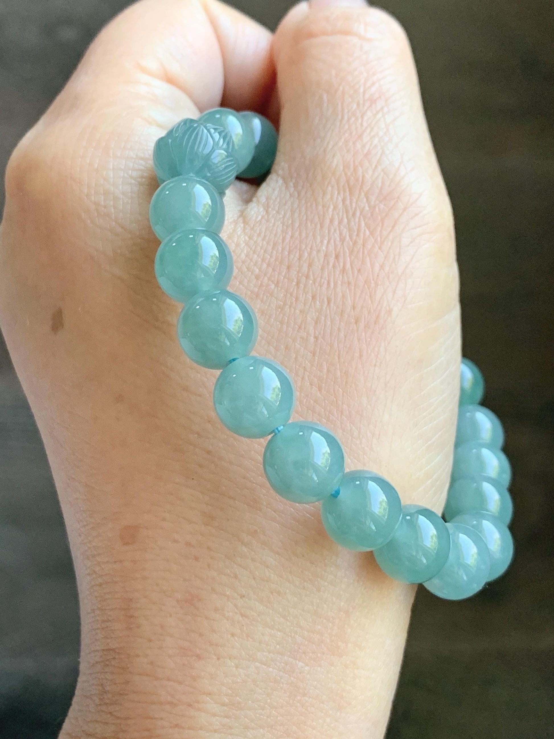 Natural Grade A Guatemalan Icy Translucent Teal Jade Jadeite Lotus Flower Bead Beaded Bracelet 7.75” Sterling Silver 天然冰危蓝翡翠莲花珠手串WVH290