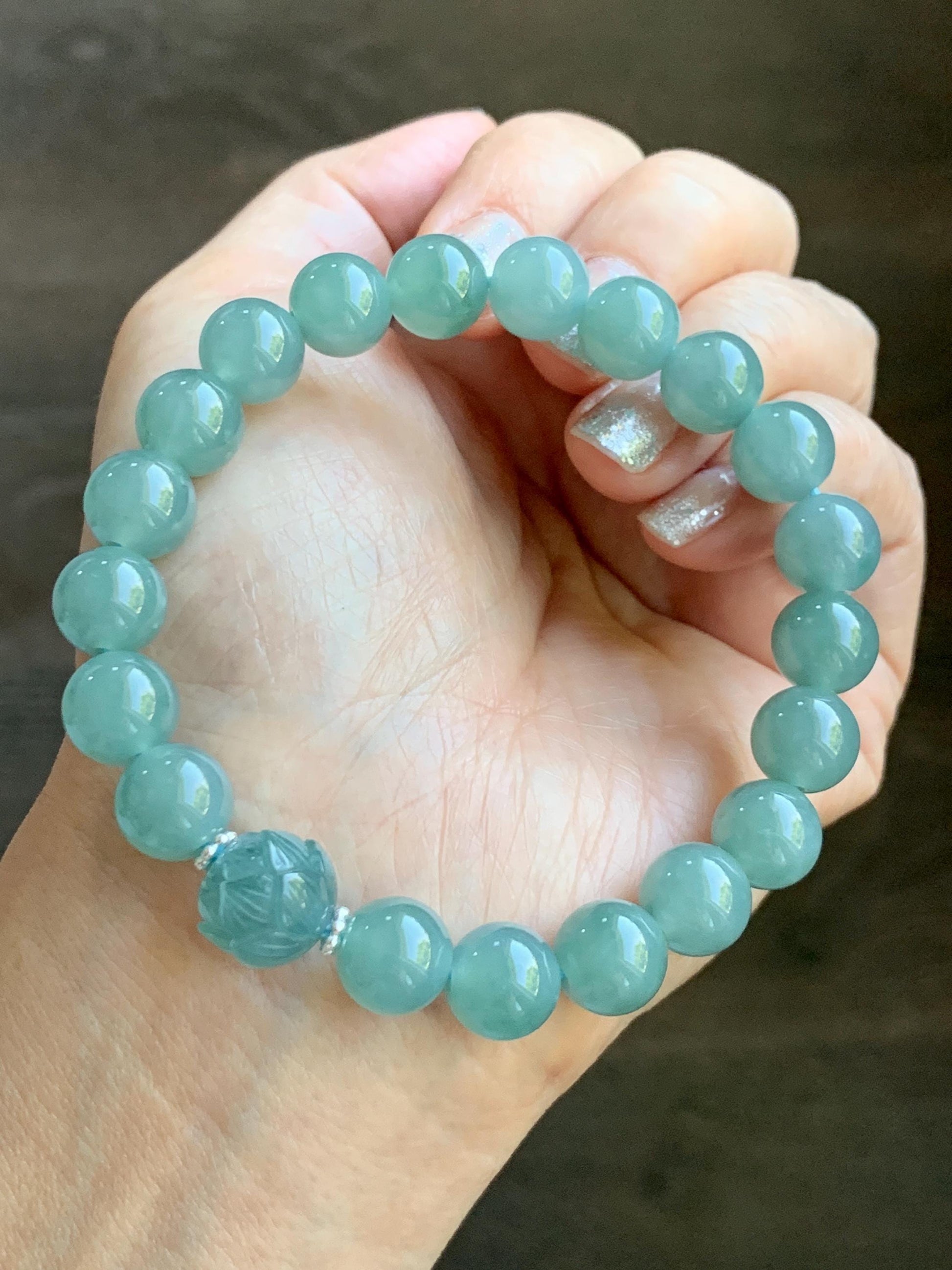 Natural Grade A Guatemalan Icy Translucent Teal Jade Jadeite Lotus Flower Bead Beaded Bracelet 7.75” Sterling Silver 天然冰危蓝翡翠莲花珠手串WVH290