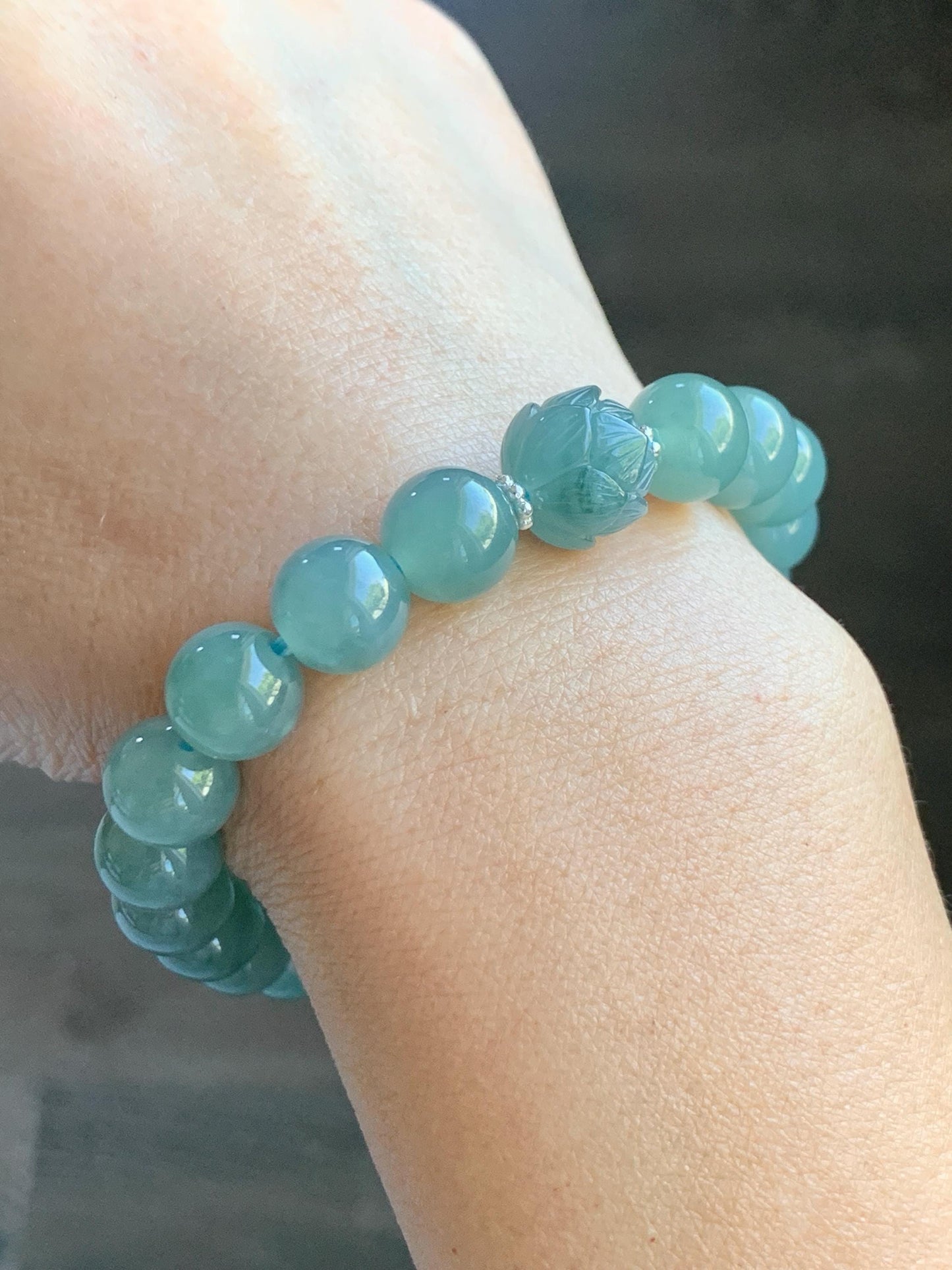 Natural Grade A Guatemalan Icy Translucent Teal Jade Jadeite Lotus Flower Bead Beaded Bracelet 7.75” Sterling Silver 天然冰危蓝翡翠莲花珠手串WVH290