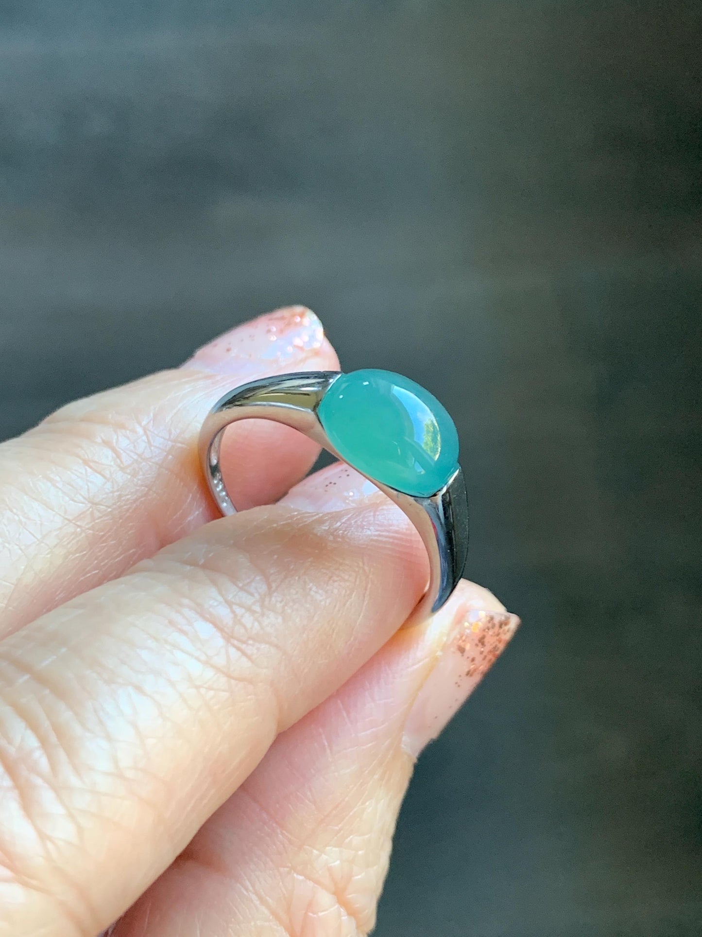 Natural Grade A Guatemalan Icy Translucent Teal Green Oval Cabochon Jade Jadeite Ring Sterling Silver Size Adjustable 天然冰危蓝绿翡翠银镶戒指 JDX223A