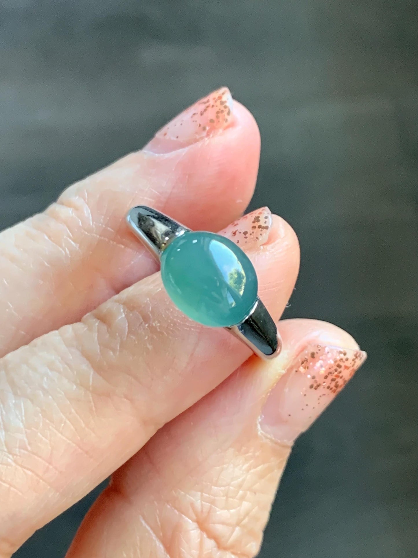 Natural Grade A Guatemalan Icy Translucent Teal Green Oval Cabochon Jade Jadeite Ring Sterling Silver Size Adjustable 天然冰危蓝绿翡翠银镶戒指 JDX223A