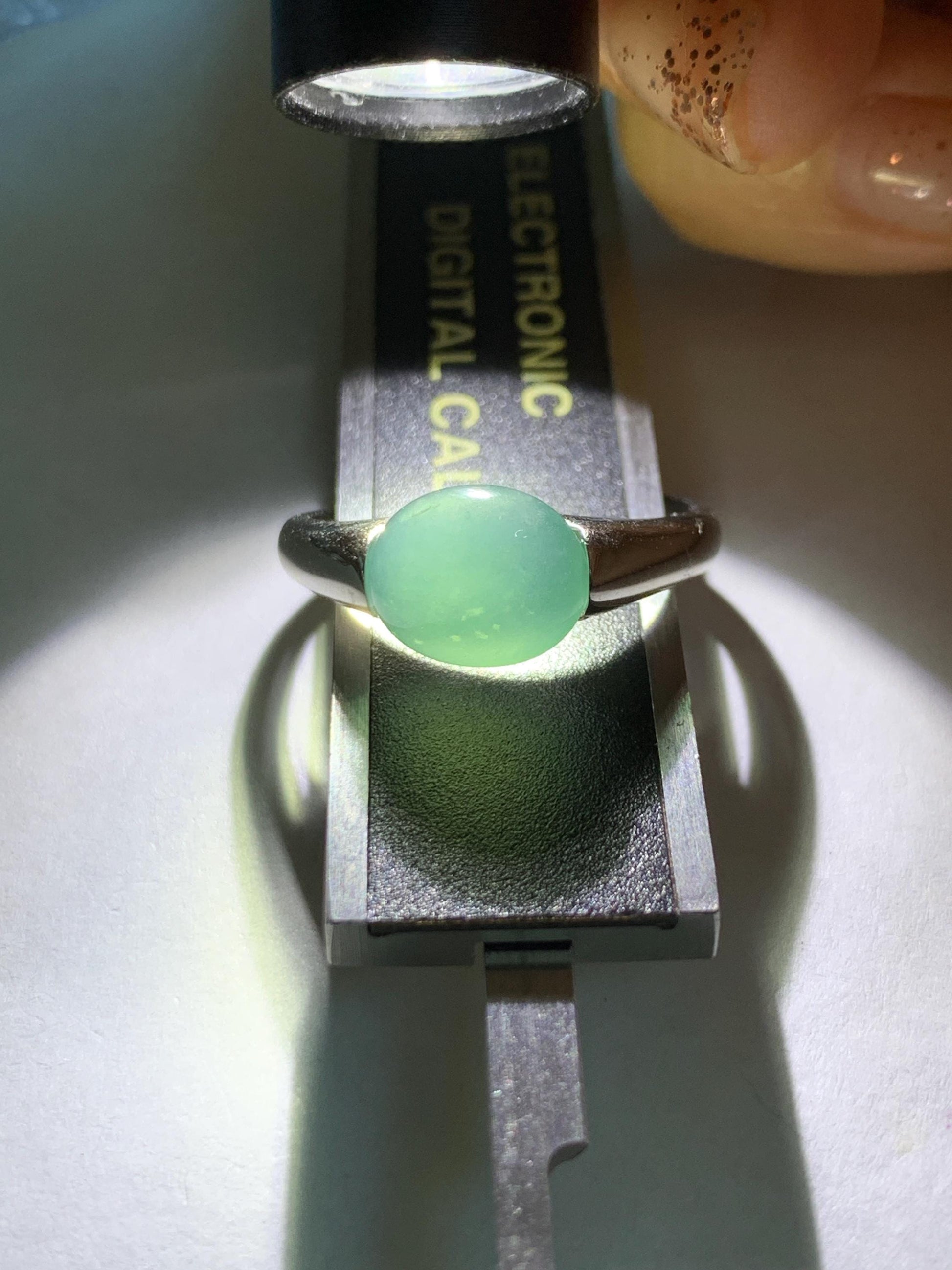 Natural Grade A Guatemalan Icy Translucent Teal Green Oval Cabochon Jade Jadeite Ring Sterling Silver Size Adjustable 天然冰危蓝绿翡翠银镶戒指 JDX223A