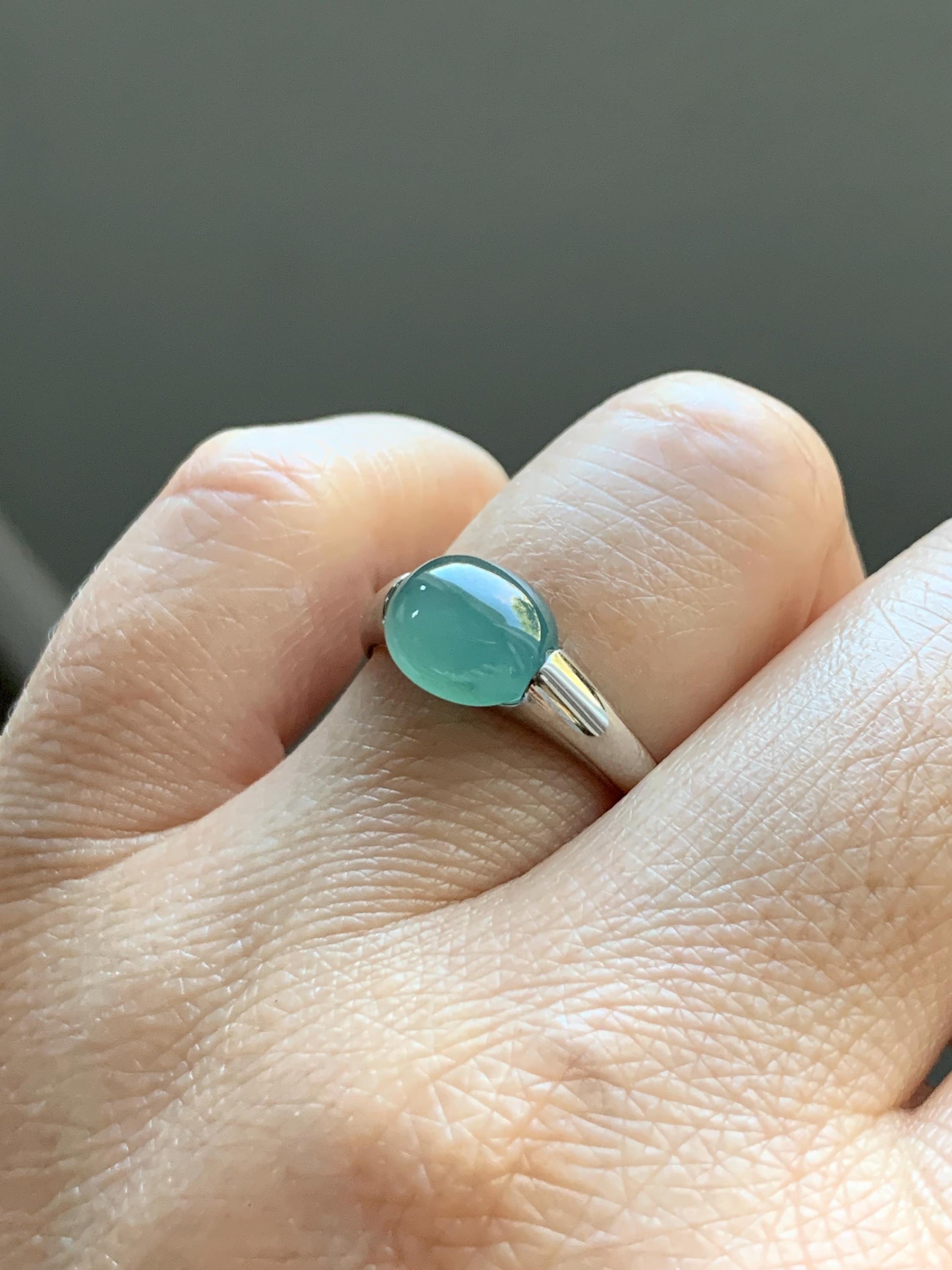 Natural Grade A Guatemalan Icy Translucent Teal Green Oval Cabochon Jade Jadeite Ring Sterling Silver Size Adjustable 天然冰危蓝绿翡翠银镶戒指 JDX223A