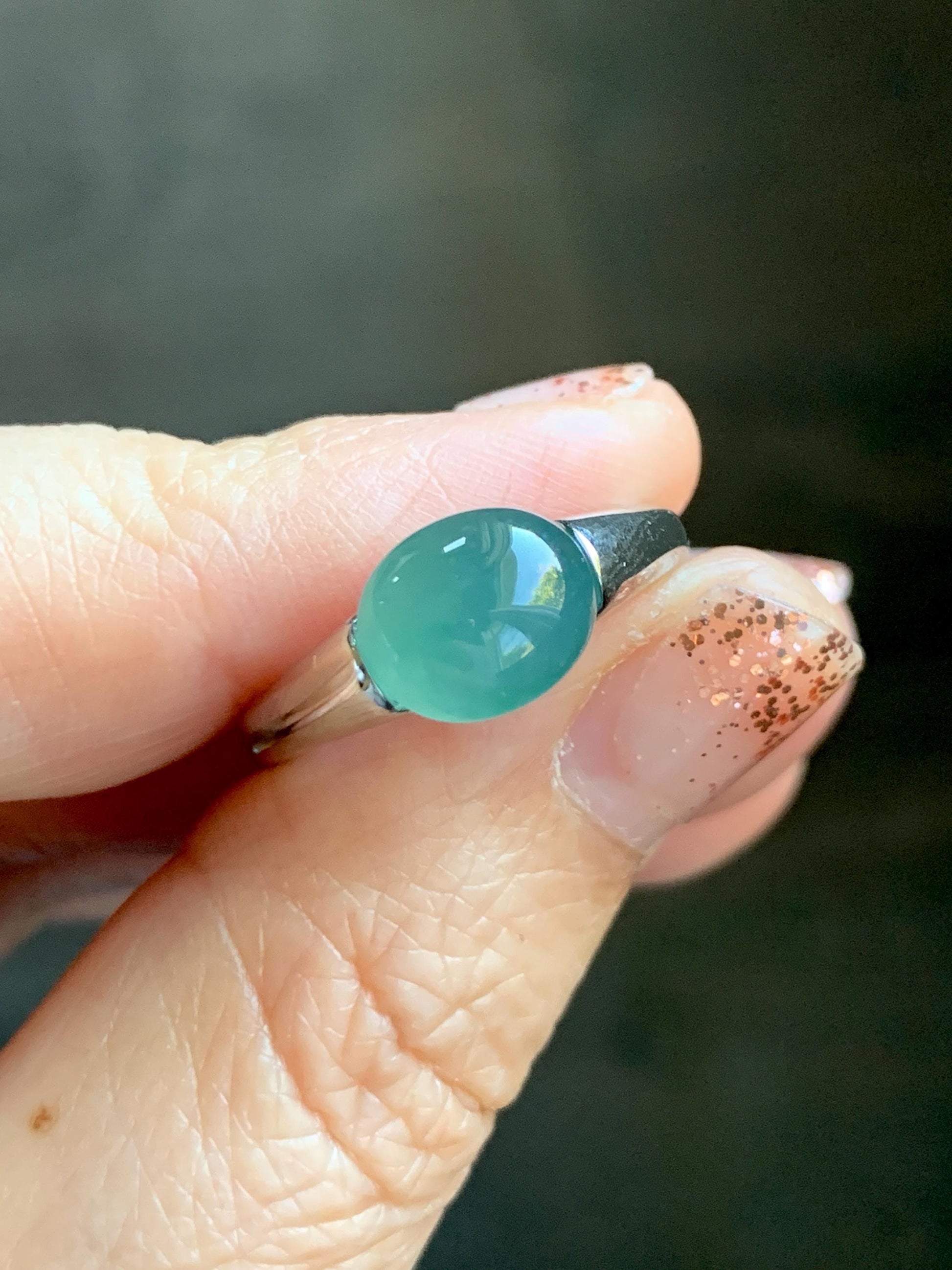 Natural Grade A Guatemalan Icy Translucent Teal Green Oval Cabochon Jade Jadeite Ring Sterling Silver Size Adjustable 天然冰危蓝绿翡翠银镶戒指 JDX223A