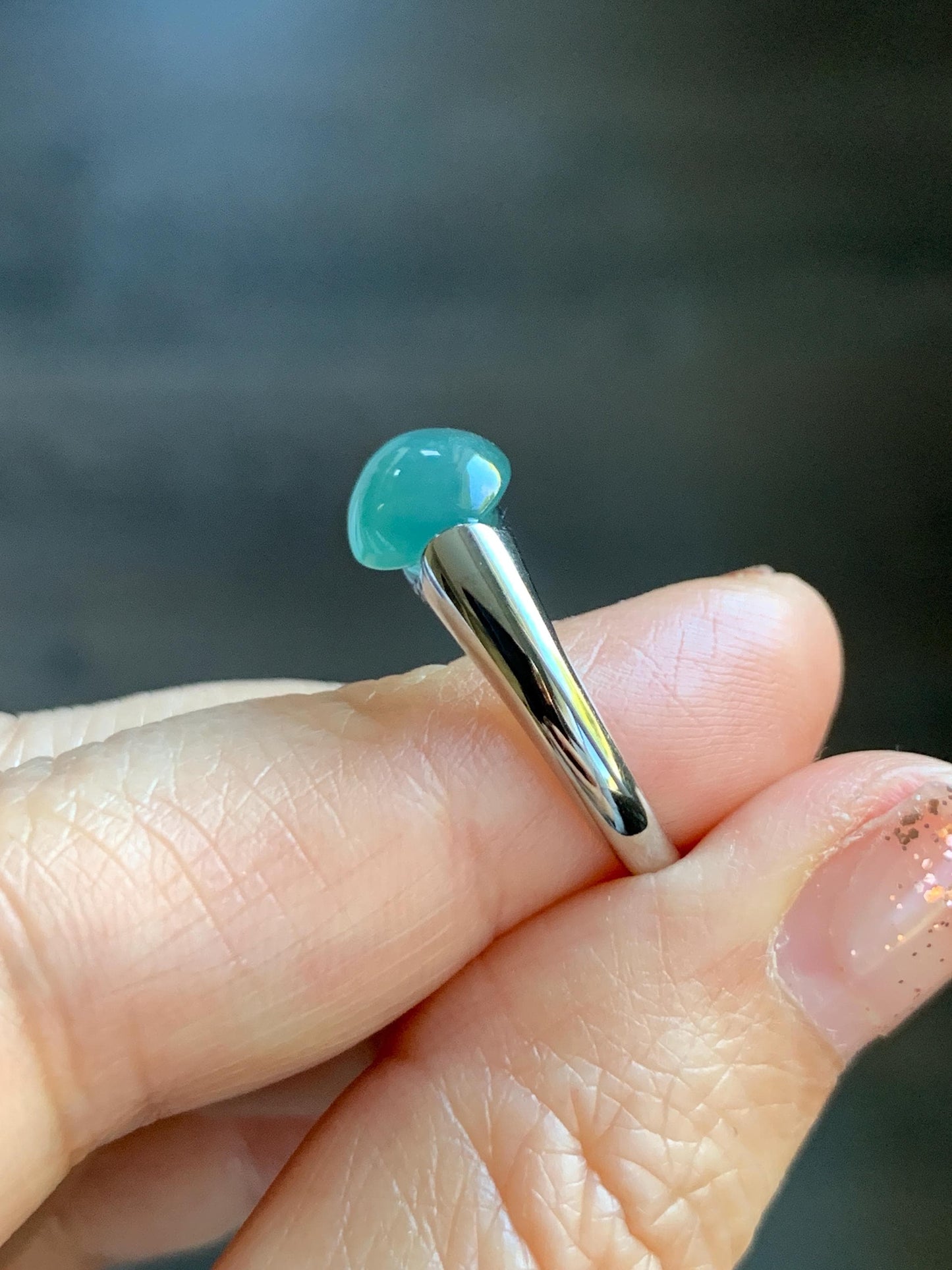 Natural Grade A Guatemalan Icy Translucent Teal Green Oval Cabochon Jade Jadeite Ring Sterling Silver Size Adjustable 天然冰危蓝绿翡翠银镶戒指 JDX223A