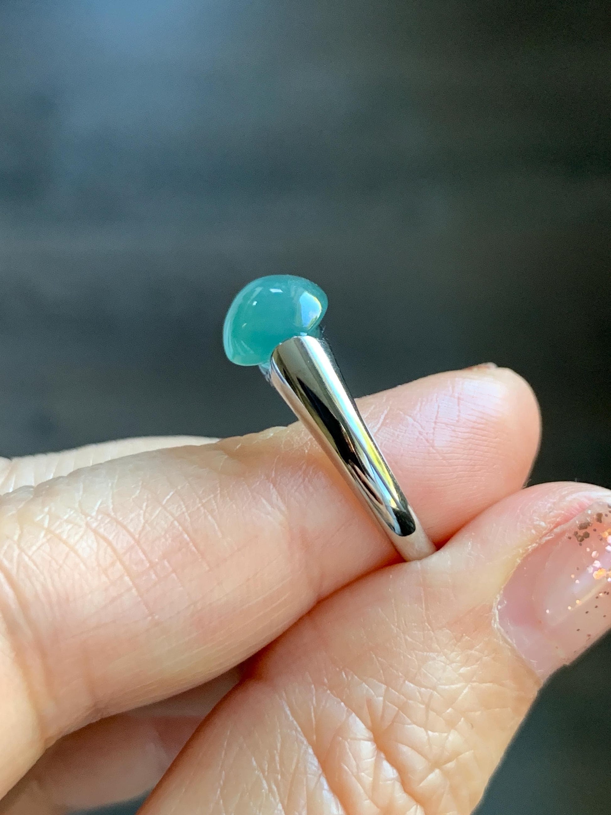 Natural Grade A Guatemalan Icy Translucent Teal Green Oval Cabochon Jade Jadeite Ring Sterling Silver Size Adjustable 天然冰危蓝绿翡翠银镶戒指 JDX223A