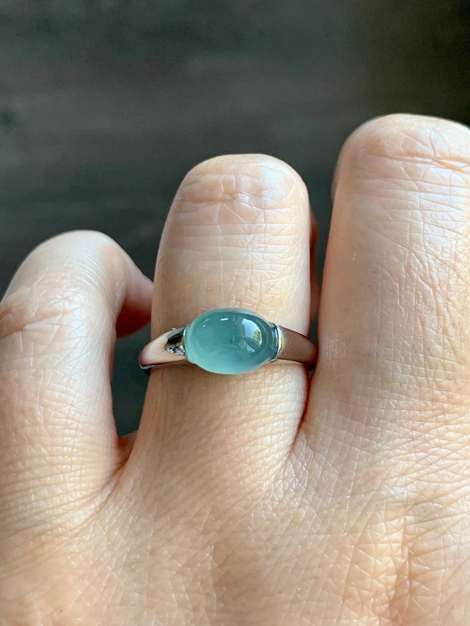 Natural Grade A Guatemalan Icy Translucent Teal Blue Oval Cabochon Jade Jadeite Ring Sterling Silver Size Adjustable 天然冰危蓝绿翡翠银镶戒指 JDX223B