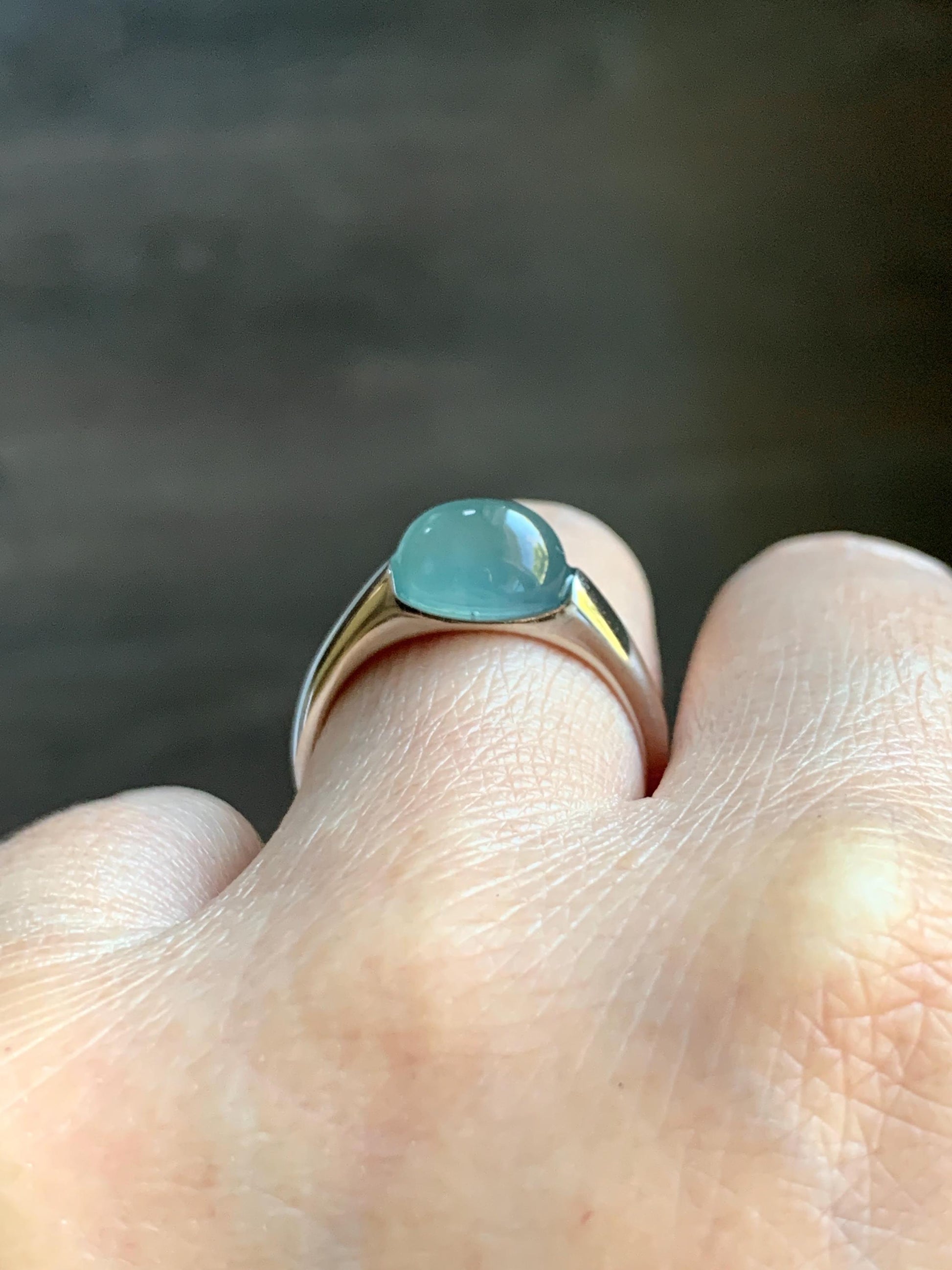 Natural Grade A Guatemalan Icy Translucent Teal Blue Oval Cabochon Jade Jadeite Ring Sterling Silver Size Adjustable 天然冰危蓝绿翡翠银镶戒指 JDX223B