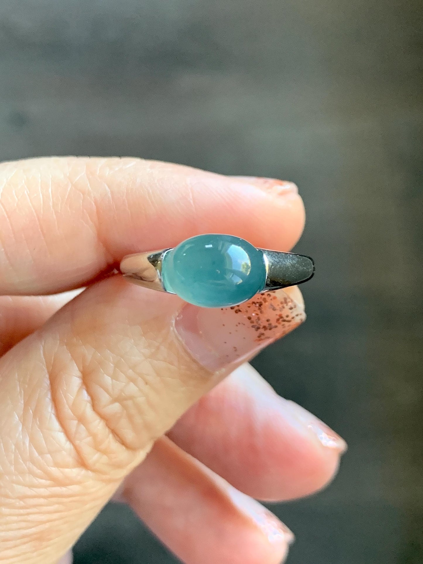 Natural Grade A Guatemalan Icy Translucent Teal Blue Oval Cabochon Jade Jadeite Ring Sterling Silver Size Adjustable 天然冰危蓝绿翡翠银镶戒指 JDX223B