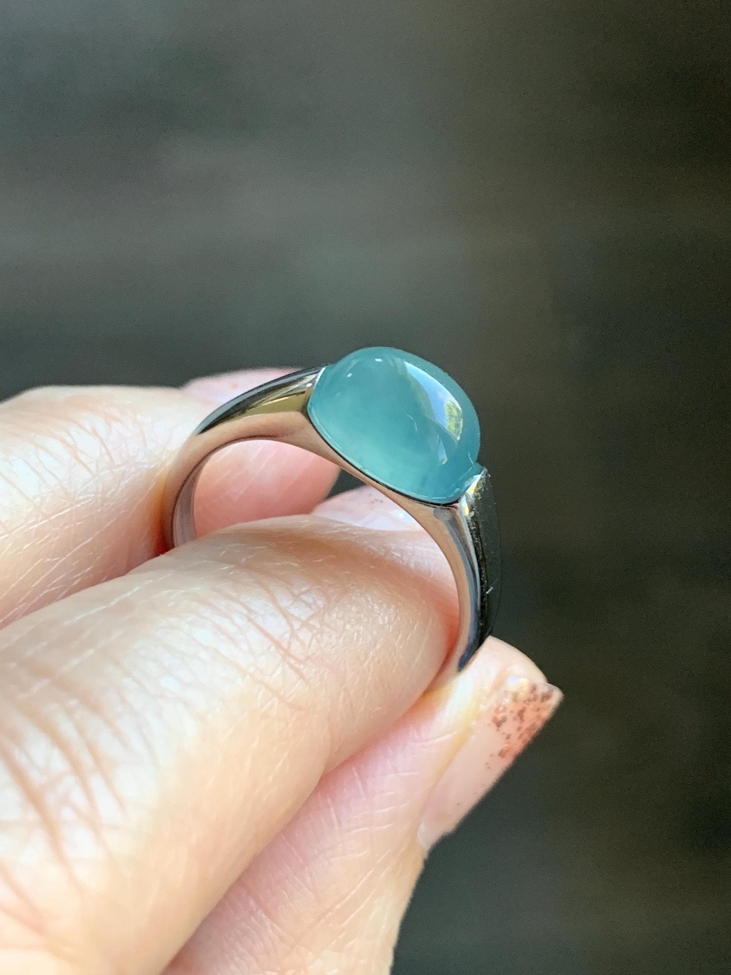 Natural Grade A Guatemalan Icy Translucent Teal Blue Oval Cabochon Jade Jadeite Ring Sterling Silver Size Adjustable 天然冰危蓝绿翡翠银镶戒指 JDX223B