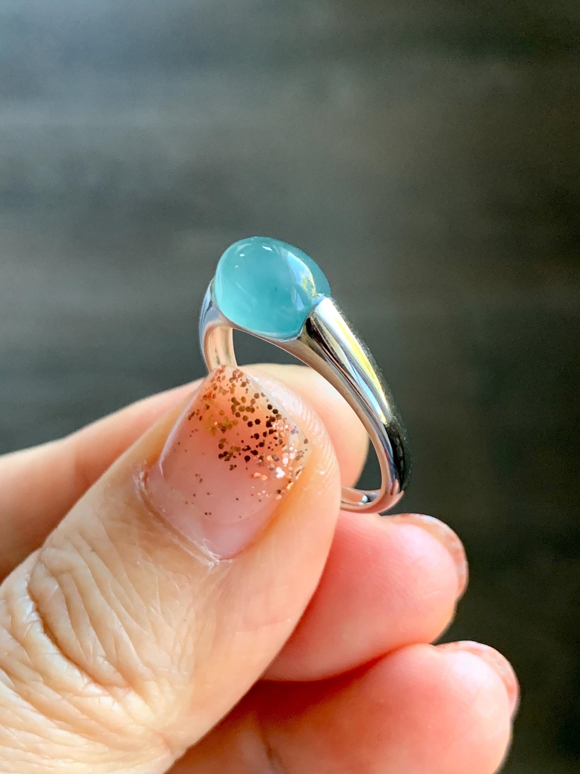 Natural Grade A Guatemalan Icy Translucent Teal Blue Oval Cabochon Jade Jadeite Ring Sterling Silver Size Adjustable 天然冰危蓝绿翡翠银镶戒指 JDX223B
