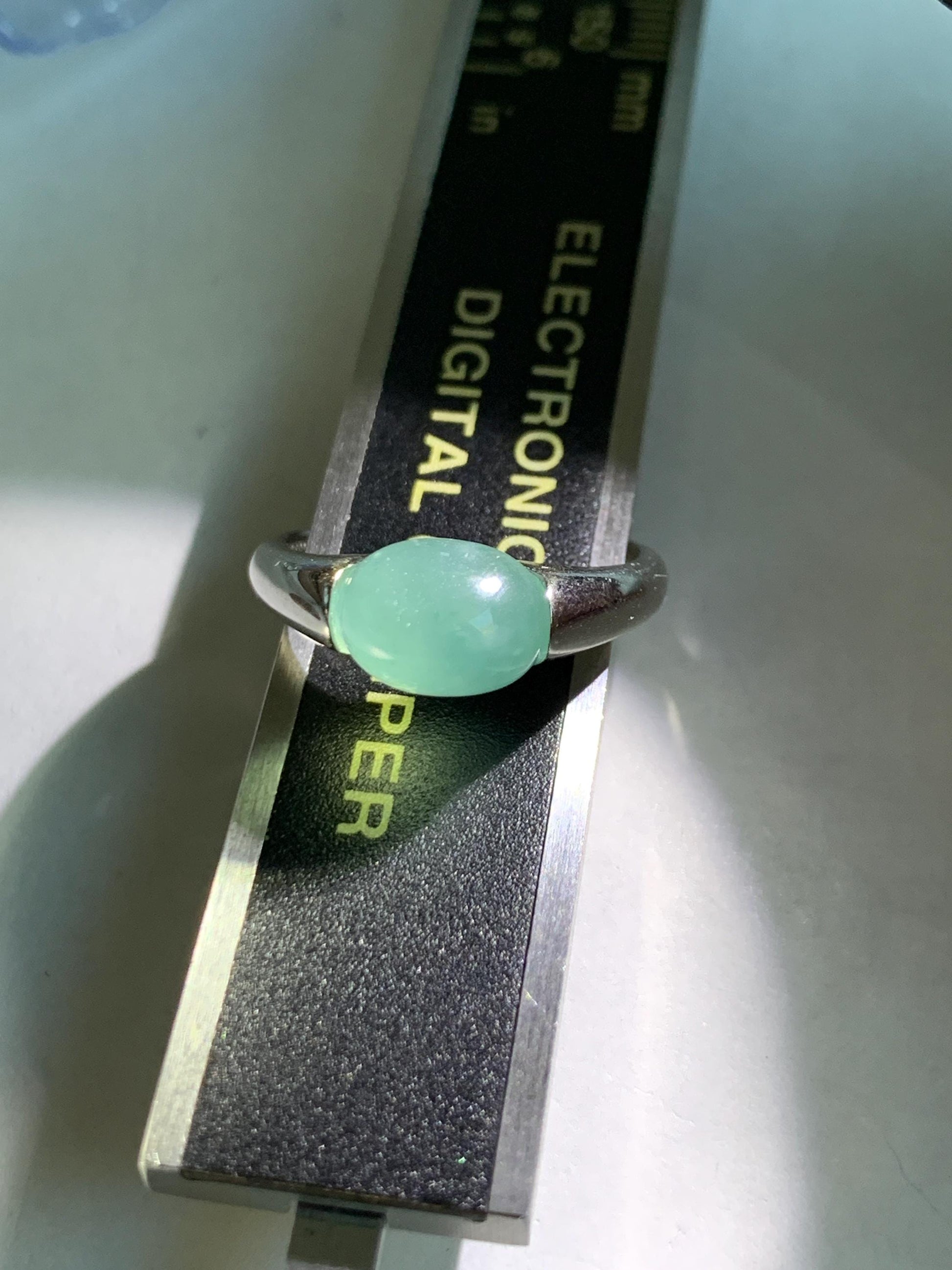 Natural Grade A Guatemalan Icy Translucent Teal Blue Oval Cabochon Jade Jadeite Ring Sterling Silver Size Adjustable 天然冰危蓝绿翡翠银镶戒指 JDX223B