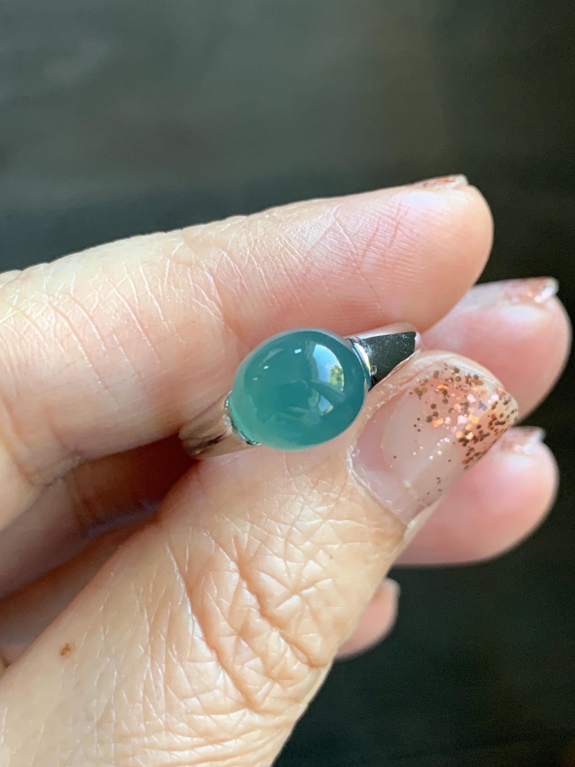 Natural Grade A Guatemalan Icy Translucent Teal Blue Oval Cabochon Jade Jadeite Ring Sterling Silver Size Adjustable 天然冰危蓝绿翡翠银镶戒指 JDX223C