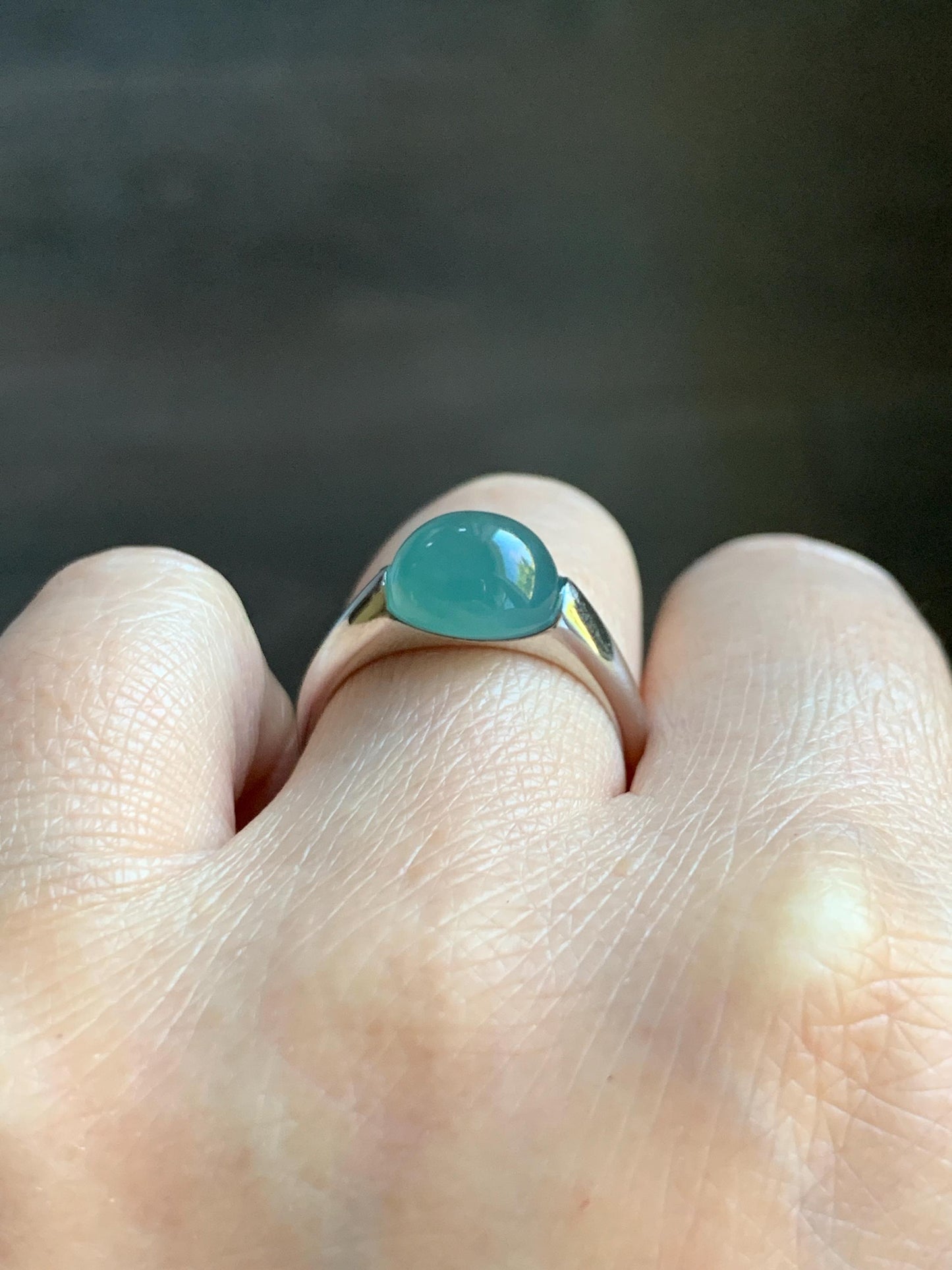 Natural Grade A Guatemalan Icy Translucent Teal Blue Oval Cabochon Jade Jadeite Ring Sterling Silver Size Adjustable 天然冰危蓝绿翡翠银镶戒指 JDX223C
