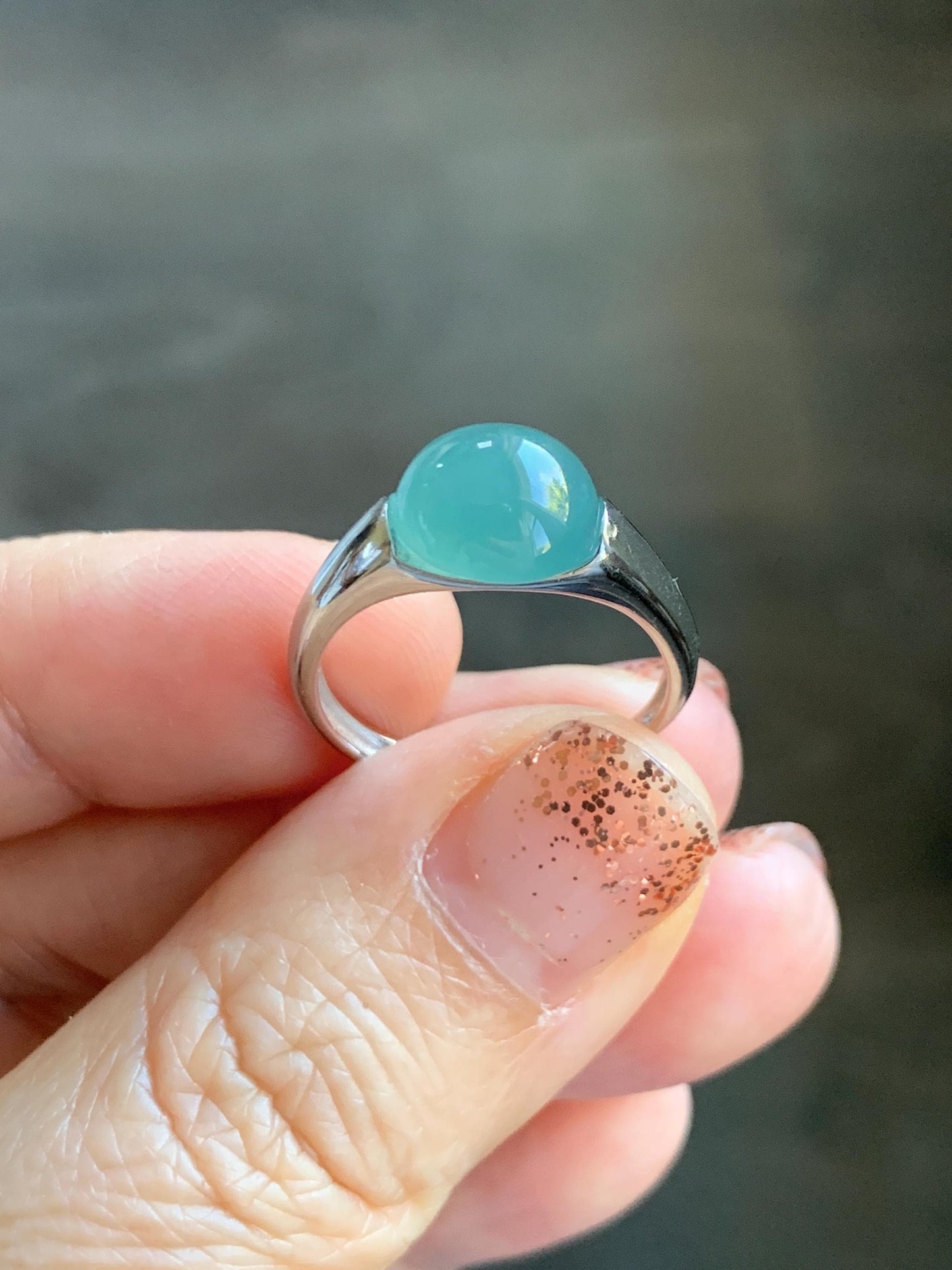 Natural Grade A Guatemalan Icy Translucent Teal Blue Oval Cabochon Jade Jadeite Ring Sterling Silver Size Adjustable 天然冰危蓝绿翡翠银镶戒指 JDX223C