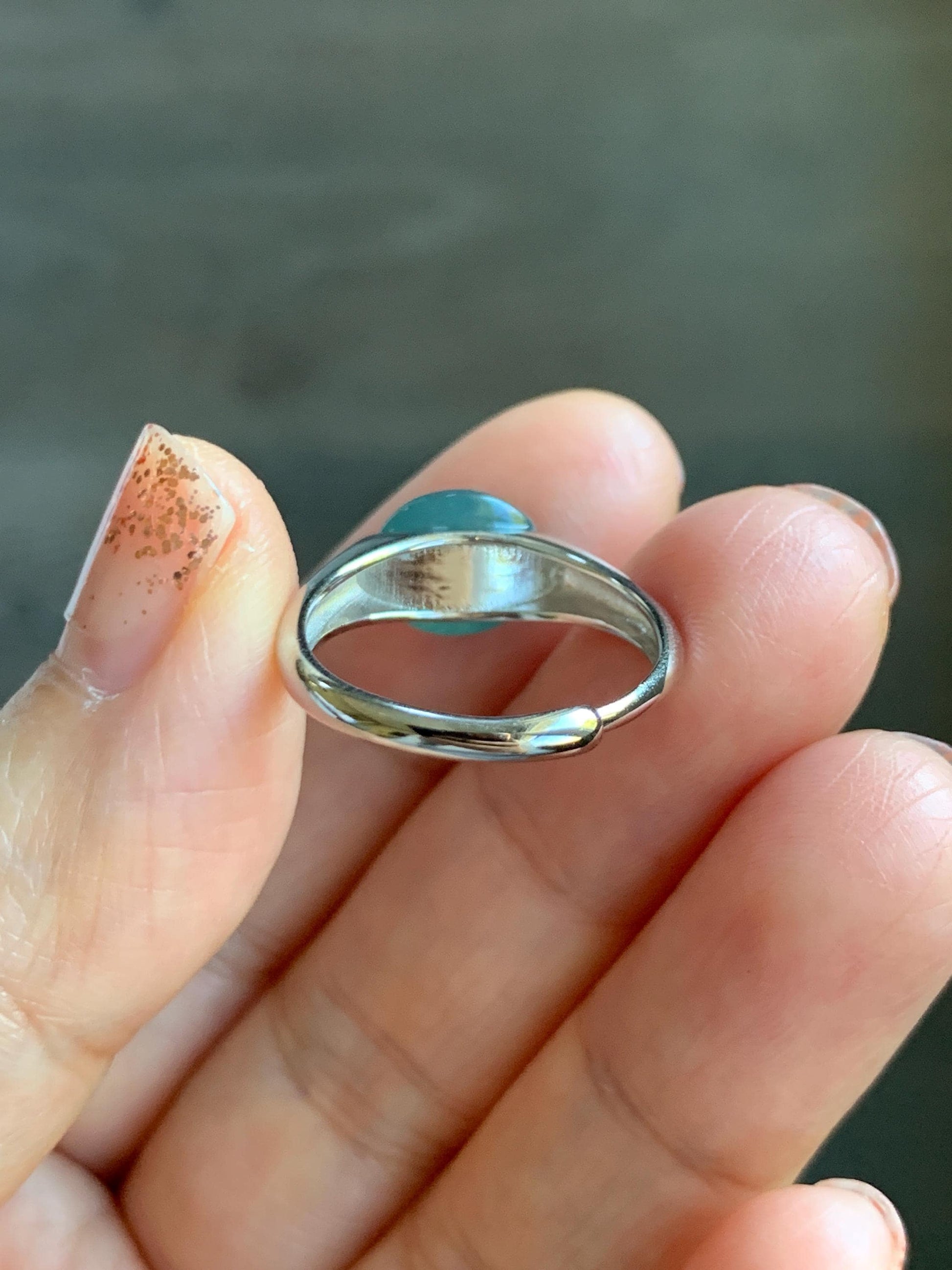 Natural Grade A Guatemalan Icy Translucent Teal Blue Oval Cabochon Jade Jadeite Ring Sterling Silver Size Adjustable 天然冰危蓝绿翡翠银镶戒指 JDX223C