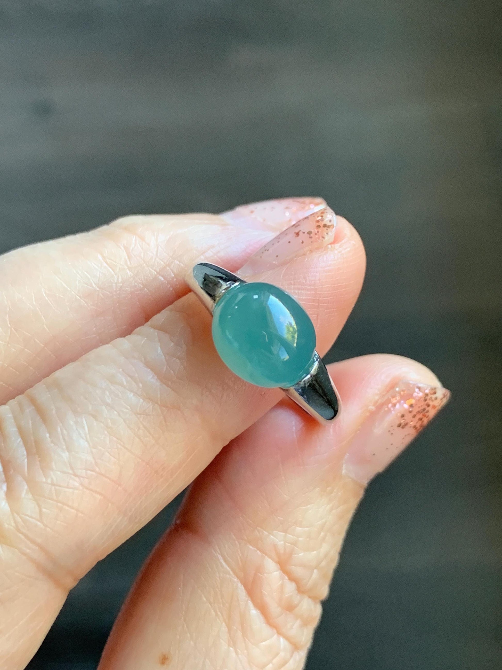 Natural Grade A Guatemalan Icy Translucent Teal Blue Oval Cabochon Jade Jadeite Ring Sterling Silver Size Adjustable 天然冰危蓝绿翡翠银镶戒指 JDX223C