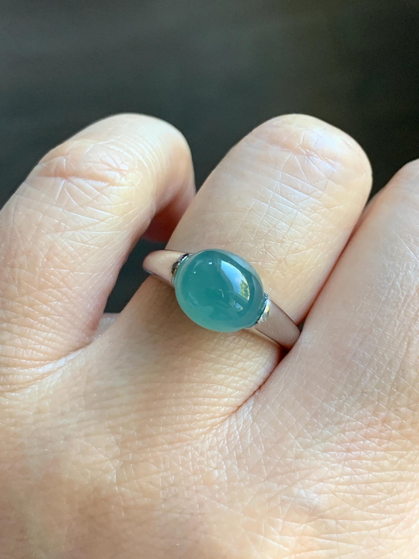 Natural Grade A Guatemalan Icy Translucent Teal Blue Oval Cabochon Jade Jadeite Ring Sterling Silver Size Adjustable 天然冰危蓝绿翡翠银镶戒指 JDX223C