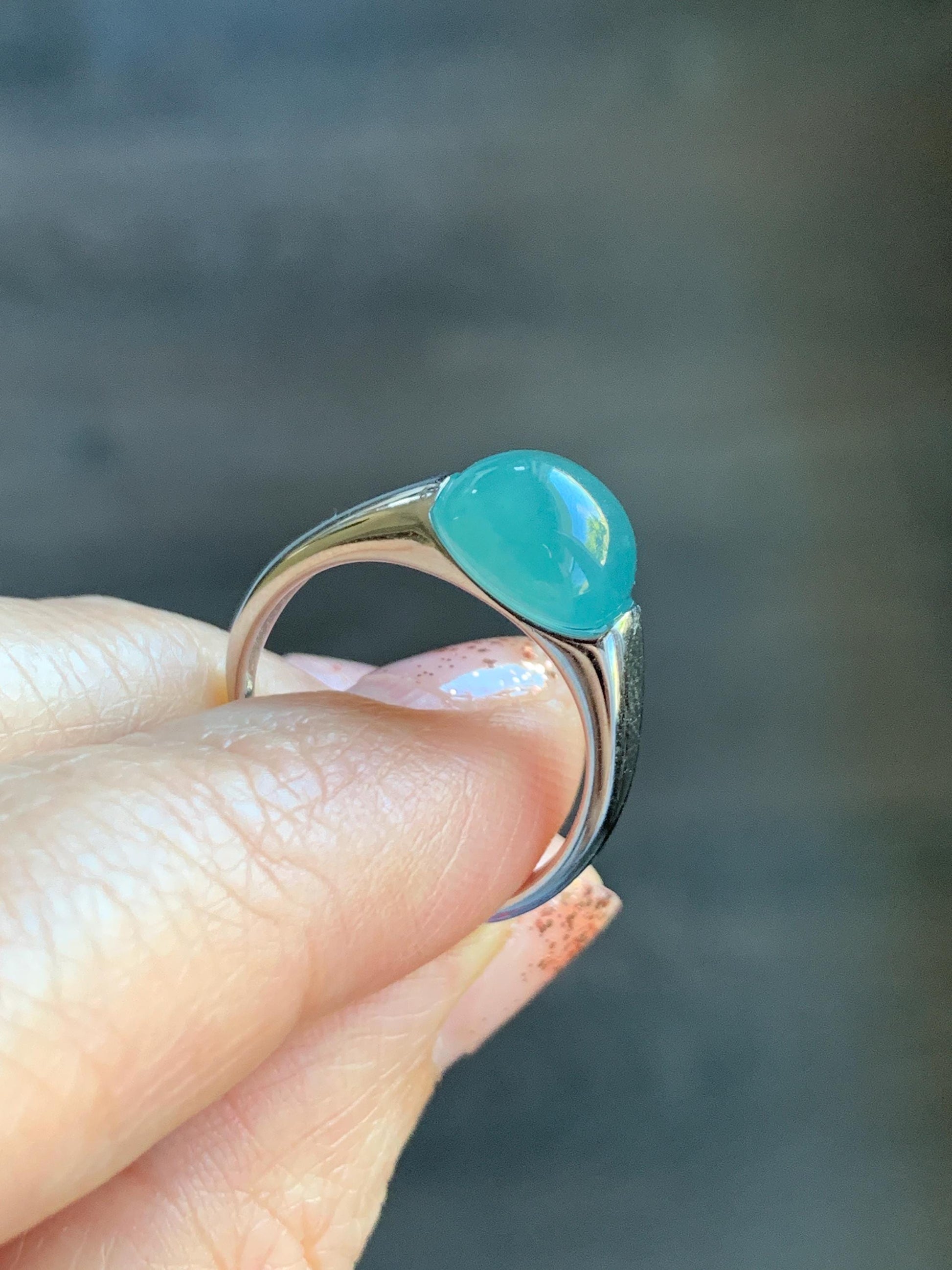 Natural Grade A Guatemalan Icy Translucent Teal Blue Oval Cabochon Jade Jadeite Ring Sterling Silver Size Adjustable 天然冰危蓝绿翡翠银镶戒指 JDX223C