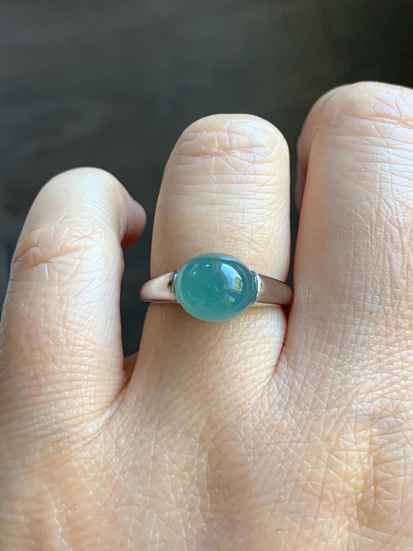 Natural Grade A Guatemalan Icy Translucent Teal Blue Oval Cabochon Jade Jadeite Ring Sterling Silver Size Adjustable 天然冰危蓝绿翡翠银镶戒指 JDX223C