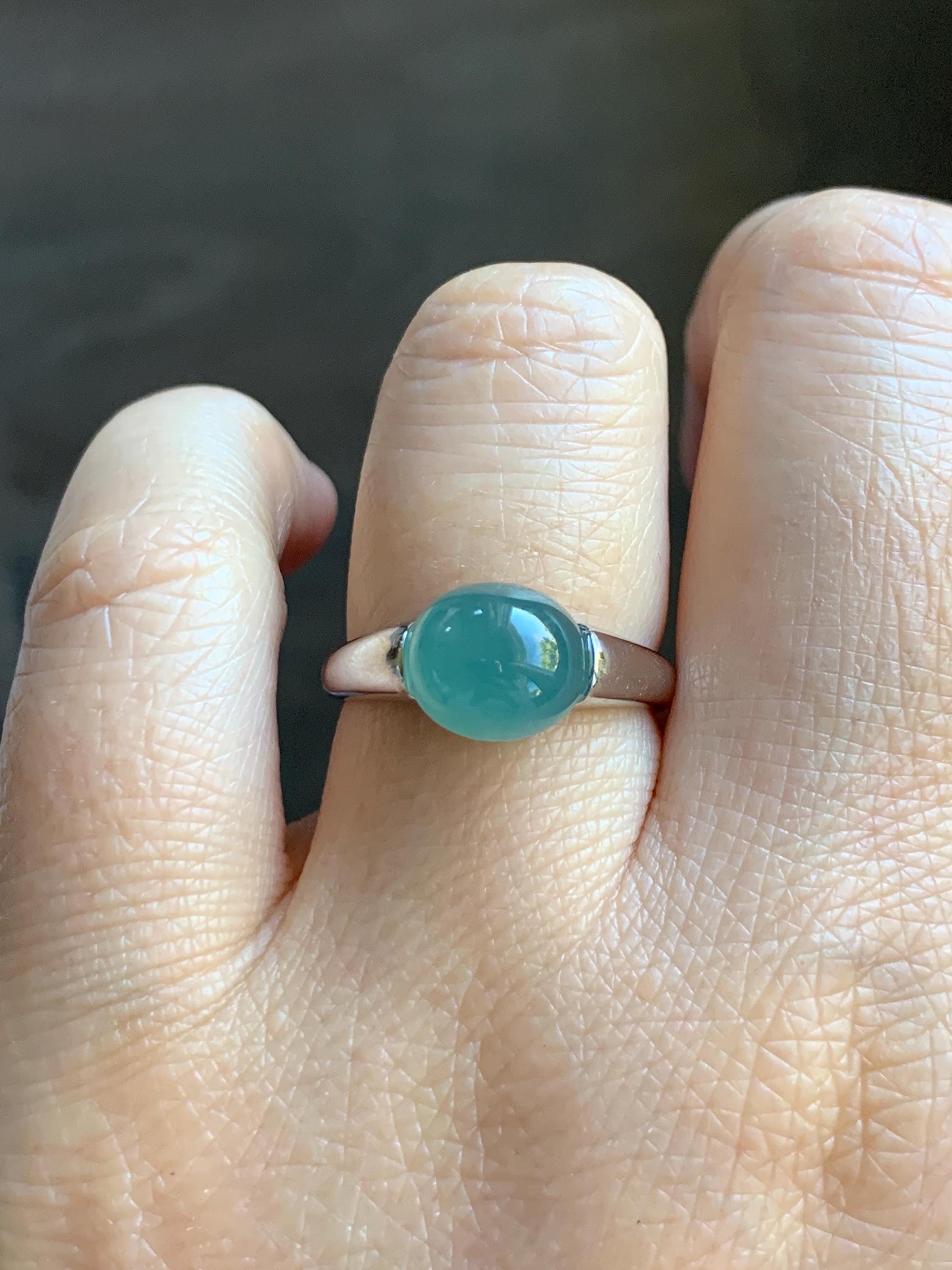 Natural Grade A Guatemalan Icy Translucent Teal Blue Oval Cabochon Jade Jadeite Ring Sterling Silver Size Adjustable 天然冰危蓝绿翡翠银镶戒指 JDX223C