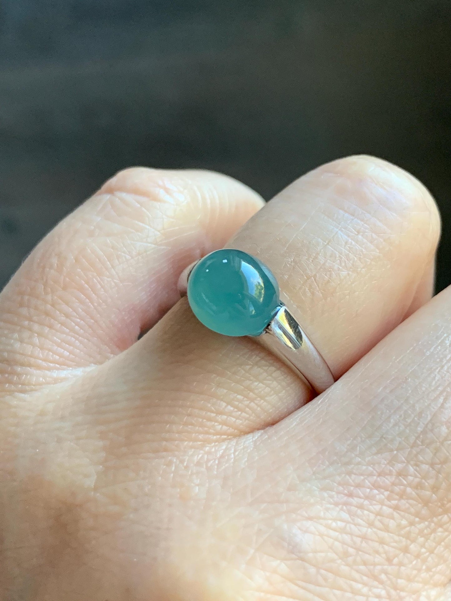 Natural Grade A Guatemalan Icy Translucent Teal Blue Oval Cabochon Jade Jadeite Ring Sterling Silver Size Adjustable 天然冰危蓝绿翡翠银镶戒指 JDX223C
