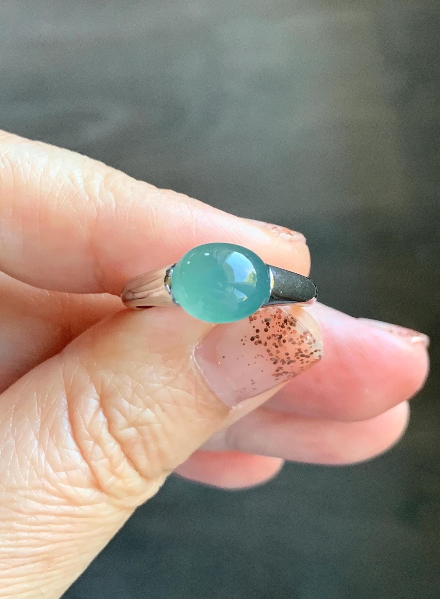 Natural Grade A Guatemalan Icy Translucent Teal Green Oval Cabochon Jade Jadeite Ring Sterling Silver Size Adjustable 天然冰危蓝绿翡翠银镶戒指 JDX223A